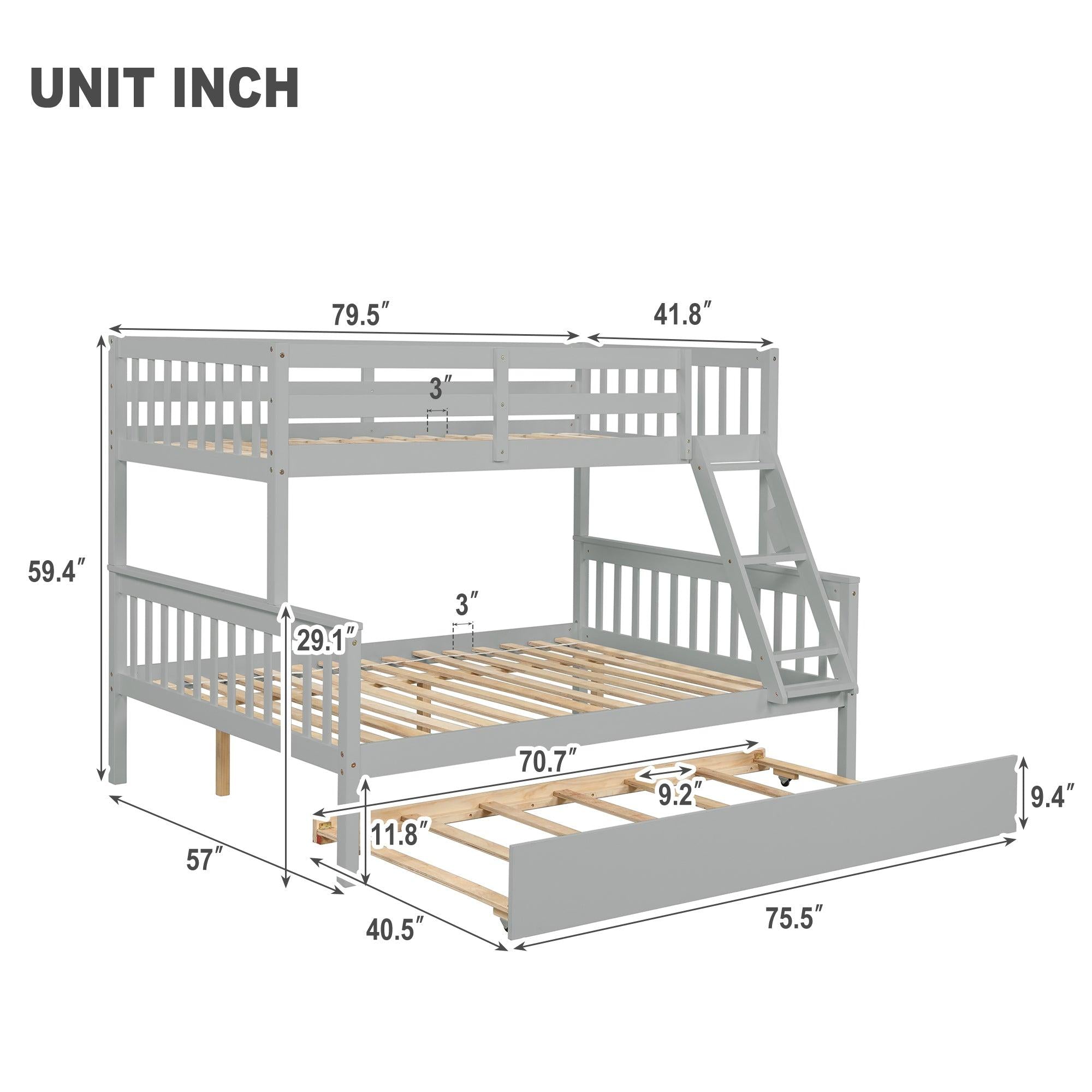 Twin over Full Convertible Bunk Bed with Lader, Safety Rails and Twin Size Trundle - Gray