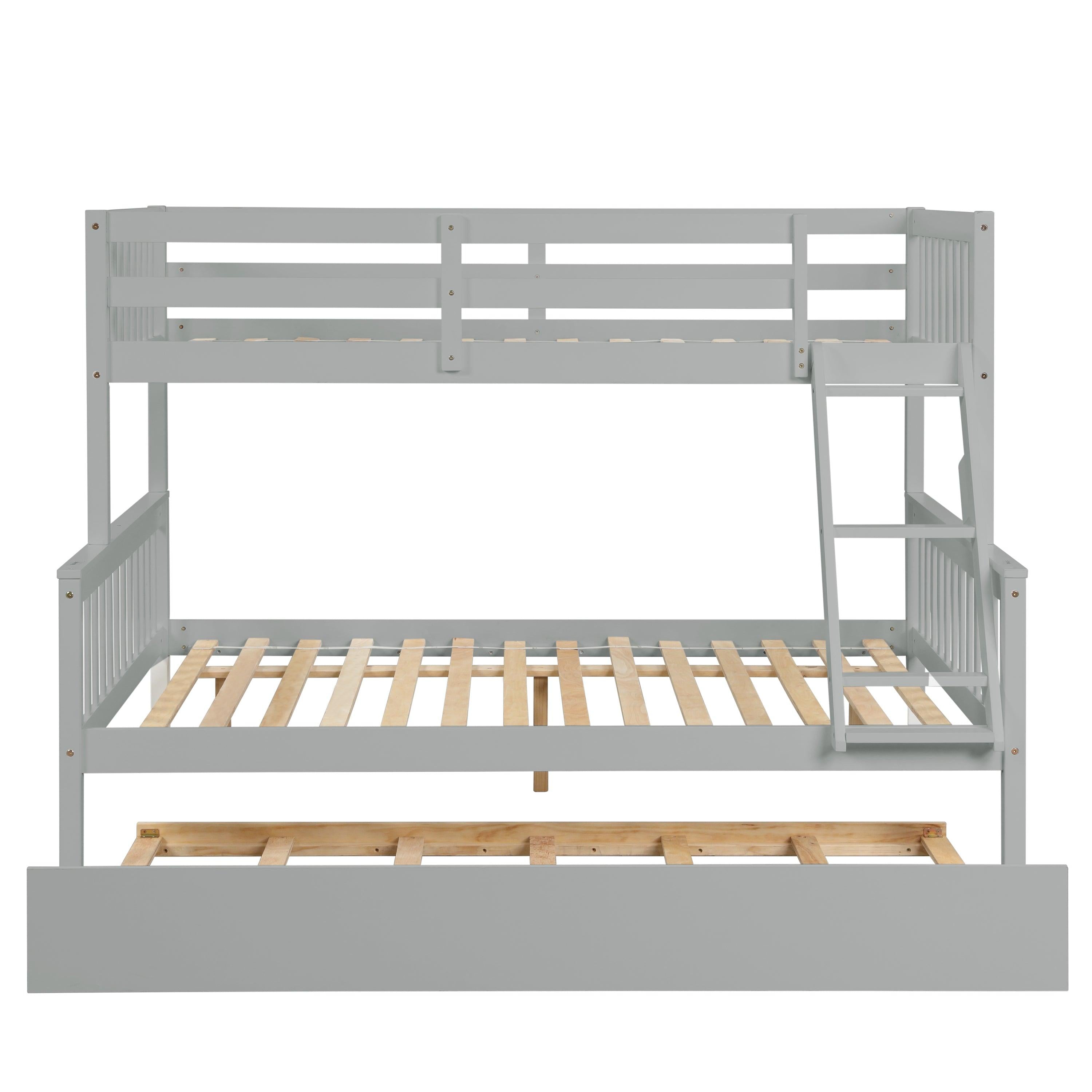 Twin over Full Convertible Bunk Bed with Lader, Safety Rails and Twin Size Trundle - Gray