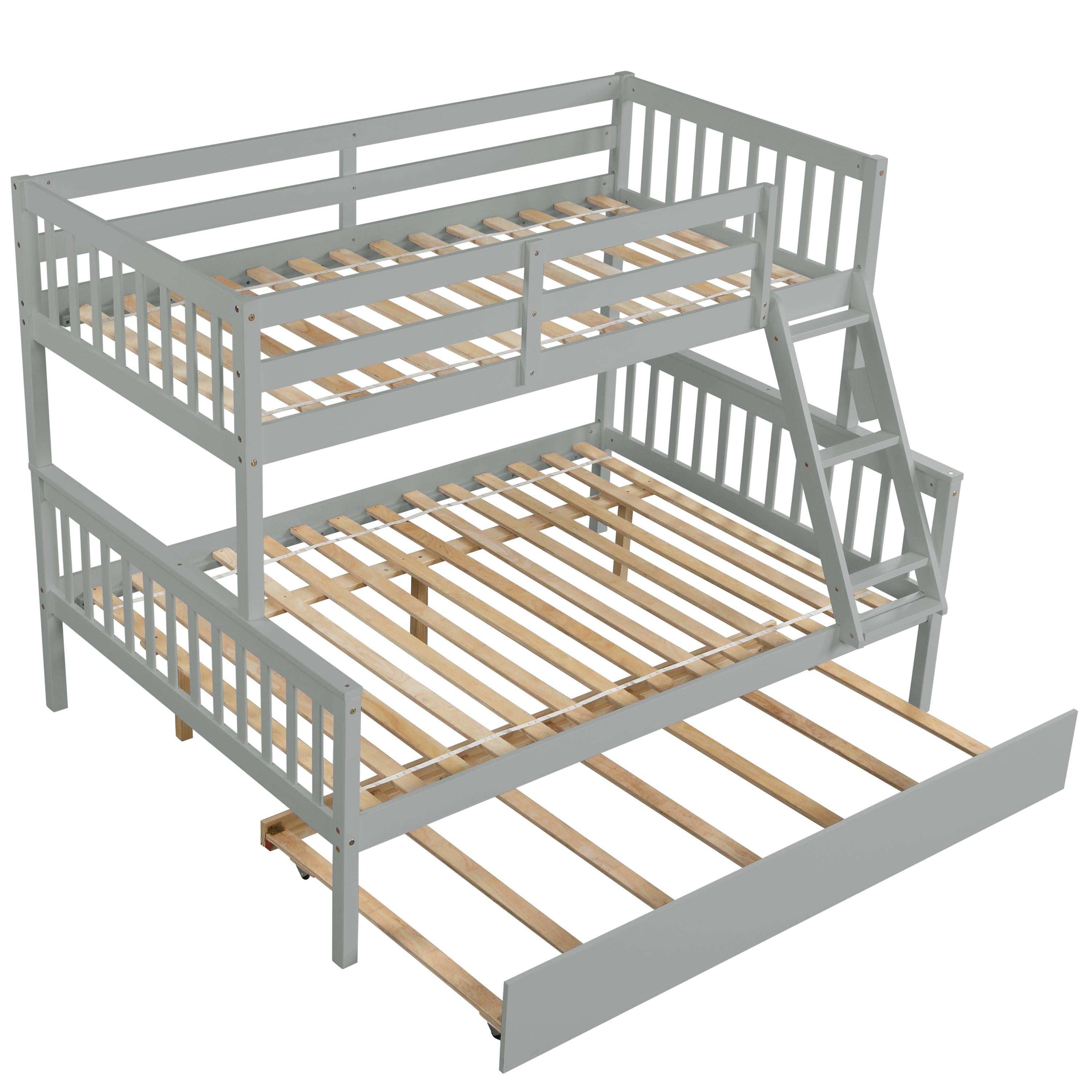 Twin over Full Convertible Bunk Bed with Lader, Safety Rails and Twin Size Trundle - Gray