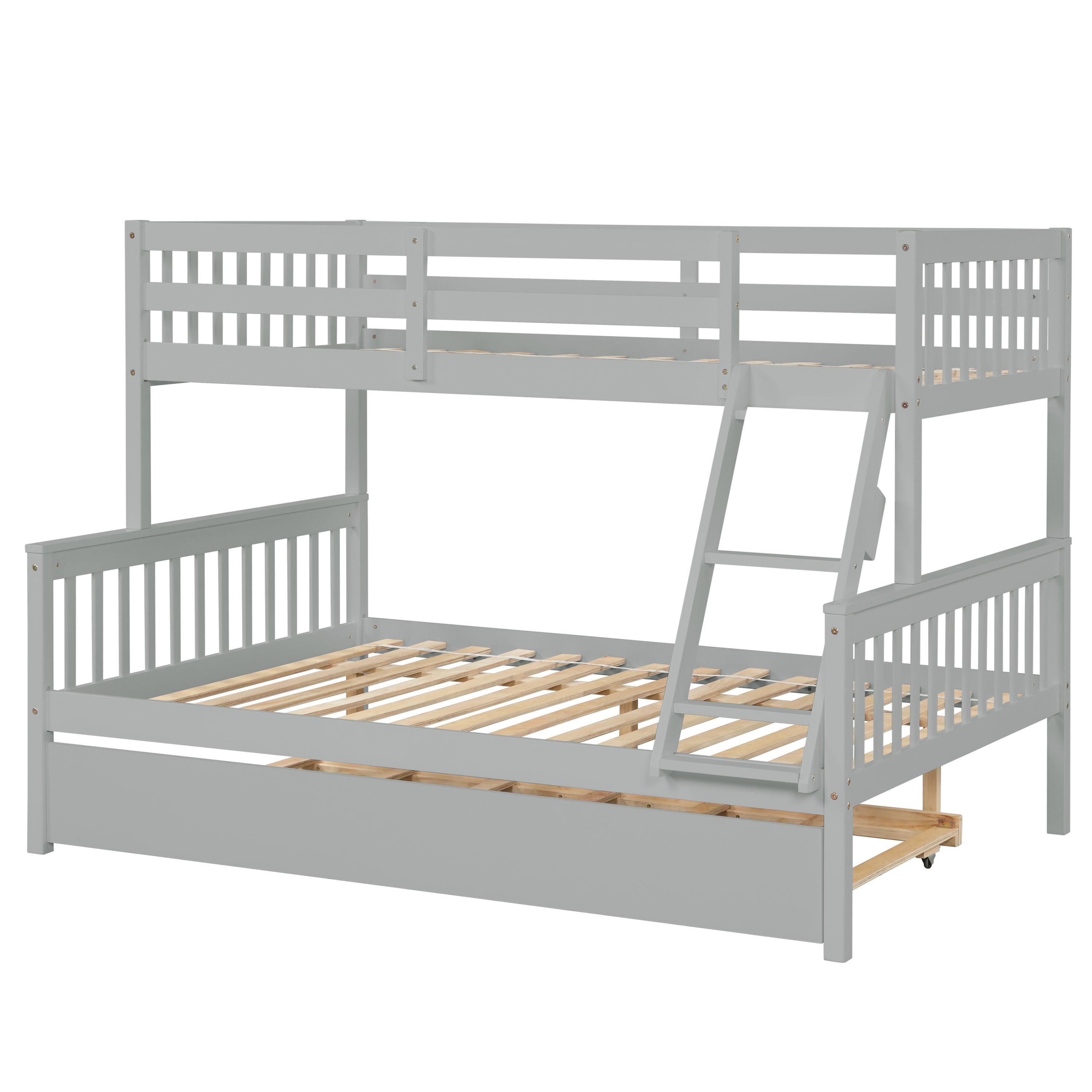 Twin over Full Convertible Bunk Bed with Lader, Safety Rails and Twin Size Trundle - Gray