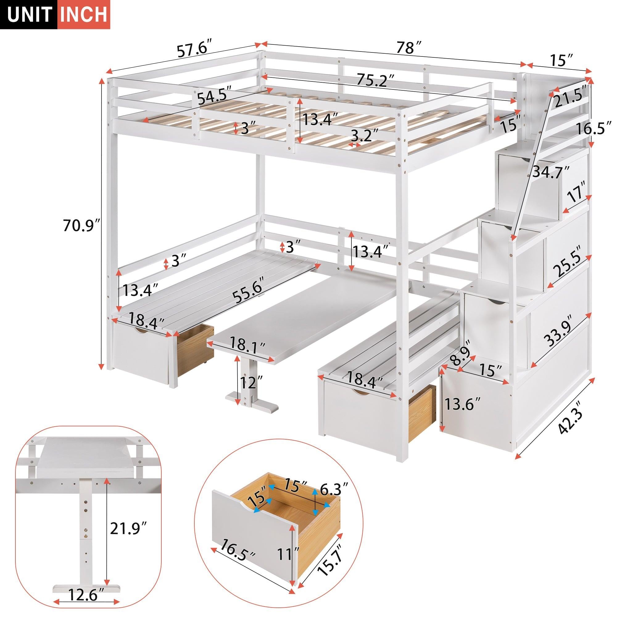 Full over Full Convertible Bunk Bed into Seats and Table Set withStorage Staircase - White