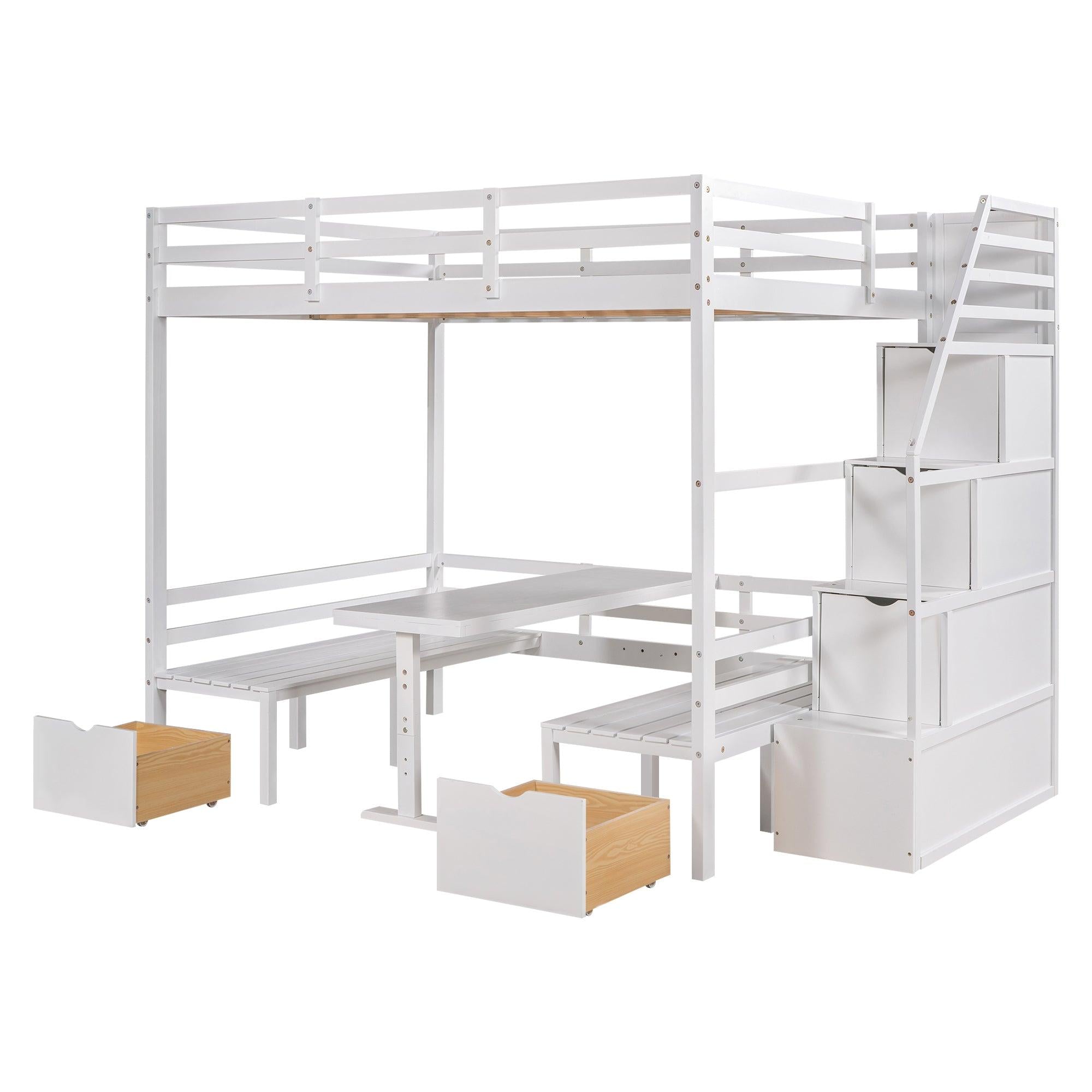 Full over Full Convertible Bunk Bed into Seats and Table Set withStorage Staircase - White