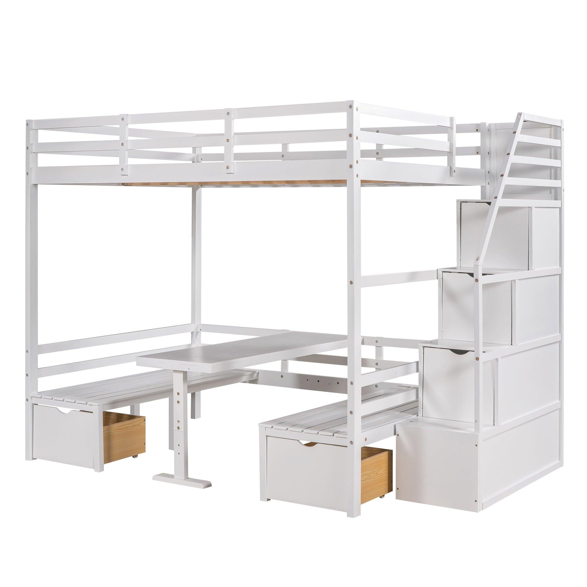 Full over Full Convertible Bunk Bed into Seats and Table Set withStorage Staircase - White