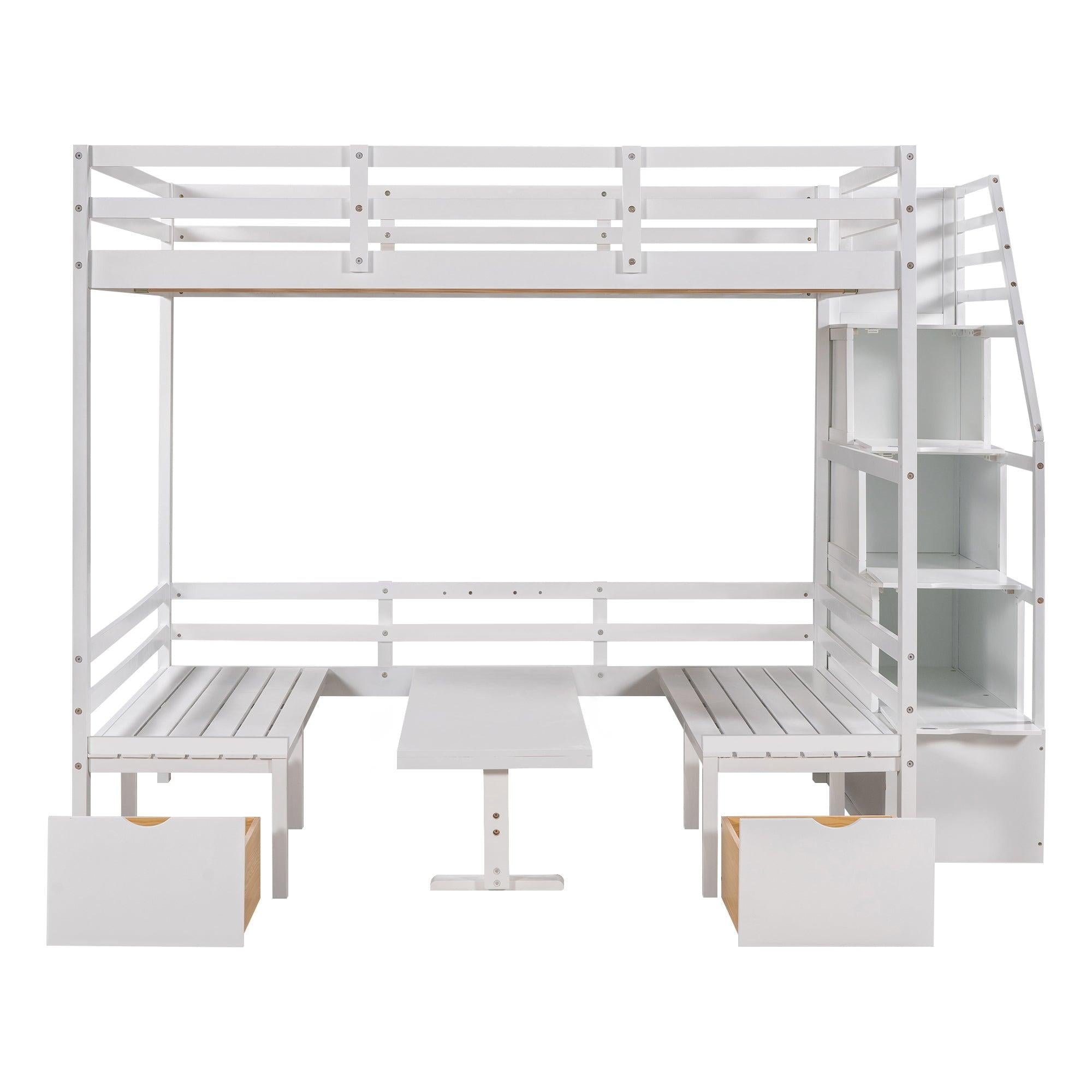 Full over Full Convertible Bunk Bed into Seats and Table Set withStorage Staircase - White