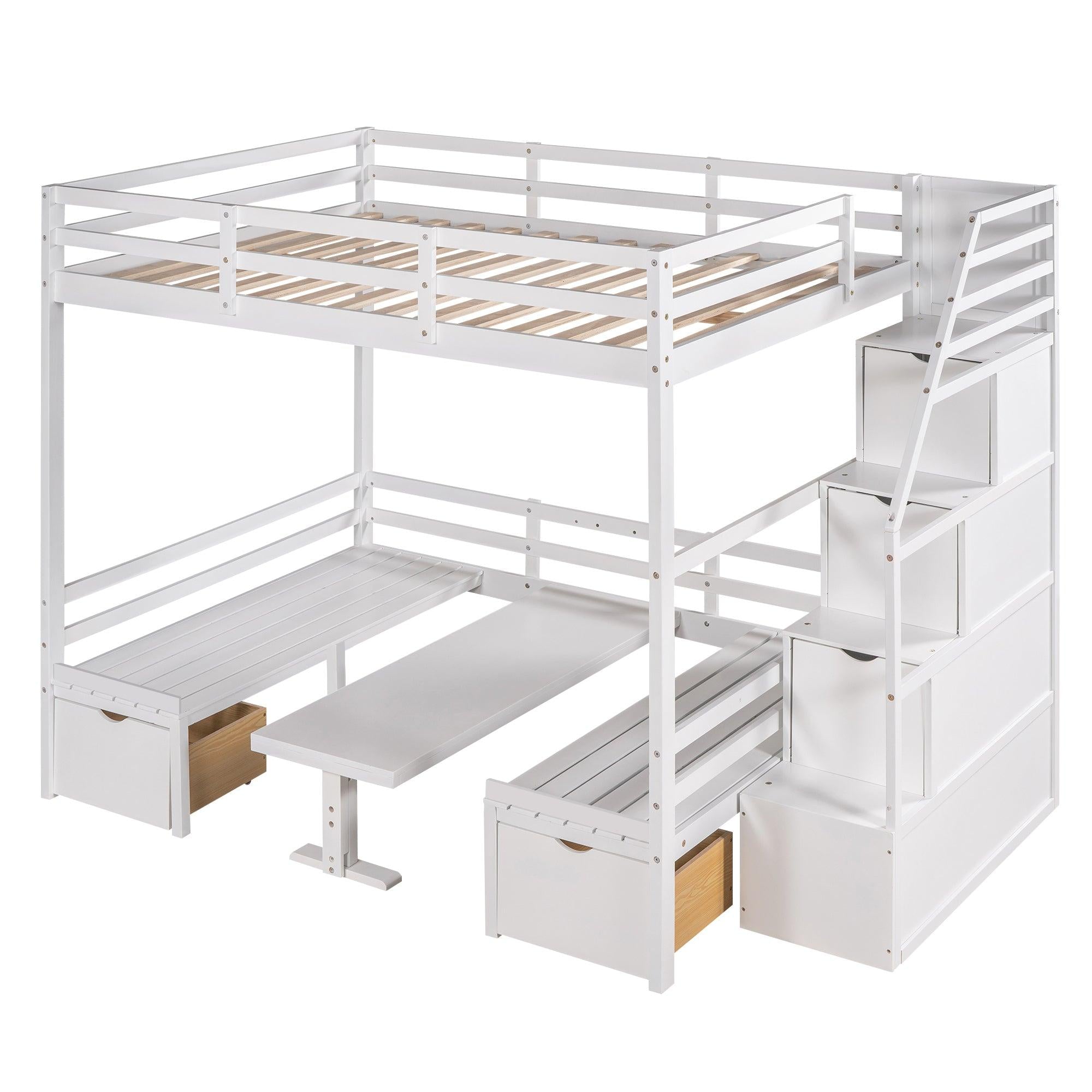 Full over Full Convertible Bunk Bed into Seats and Table Set withStorage Staircase - White