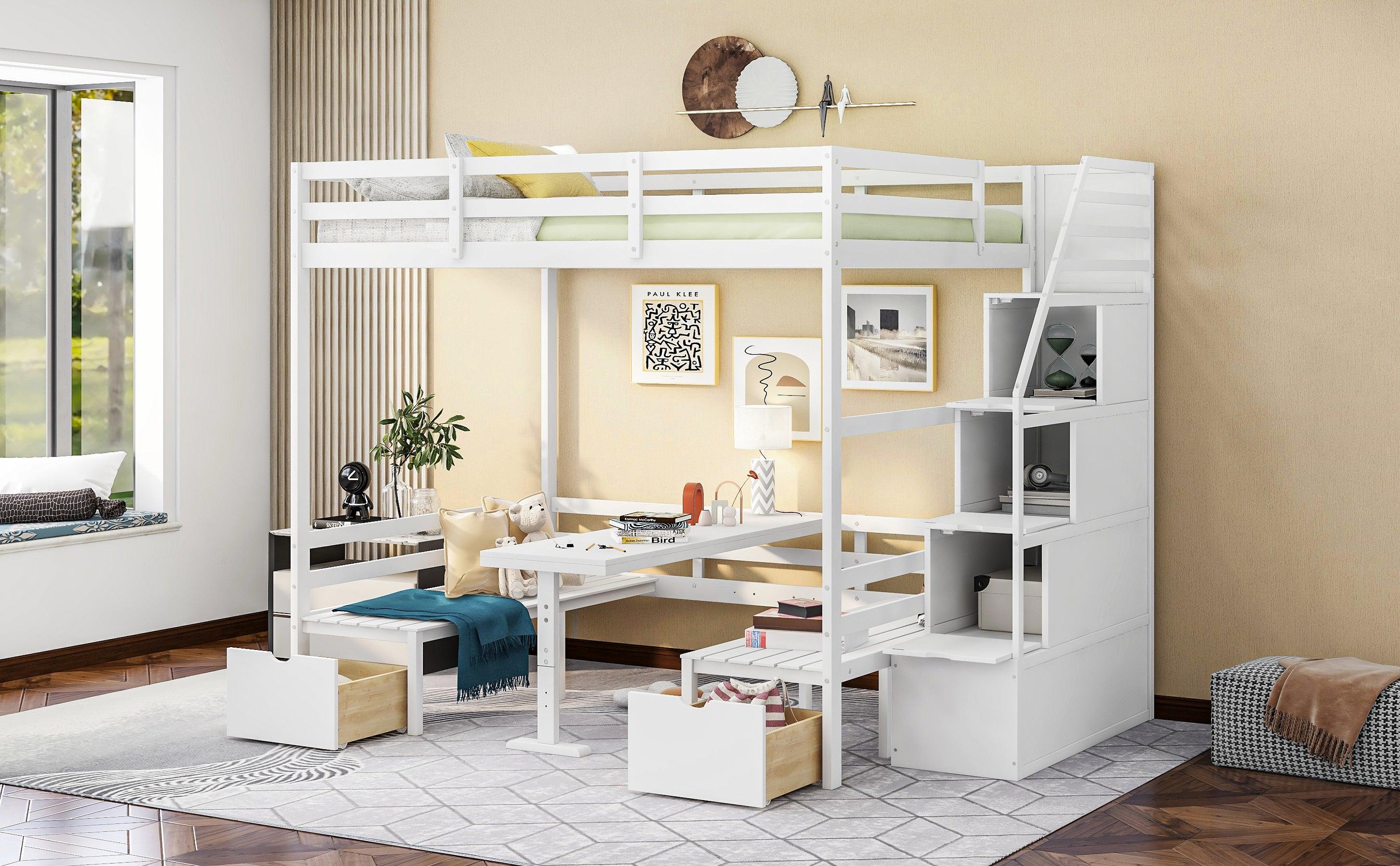 Full over Full Convertible Bunk Bed into Seats and Table Set withStorage Staircase - White