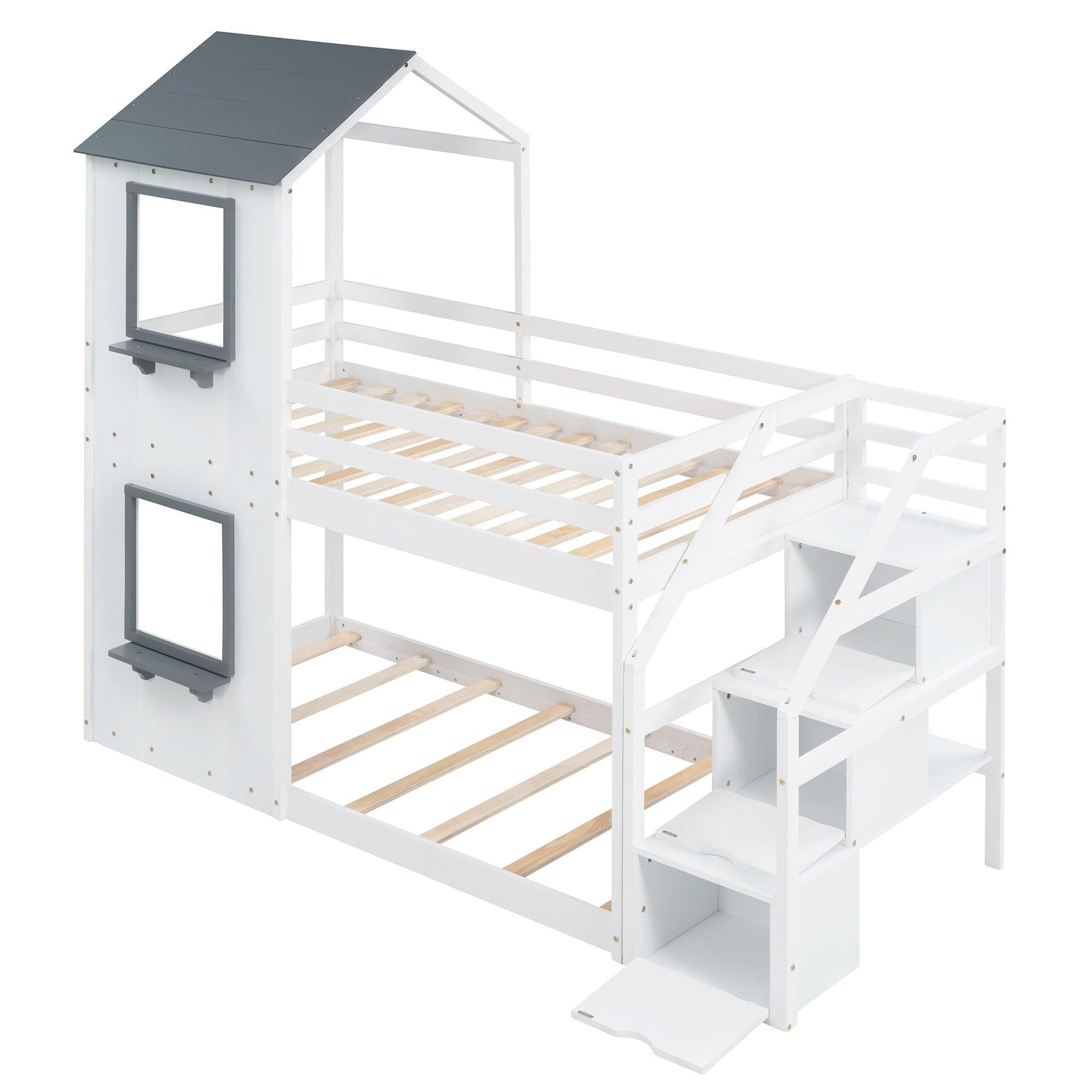 Twin over Twin House Shaped Bunk Bed withStorage Stairs, Guardrail and Ladder - White