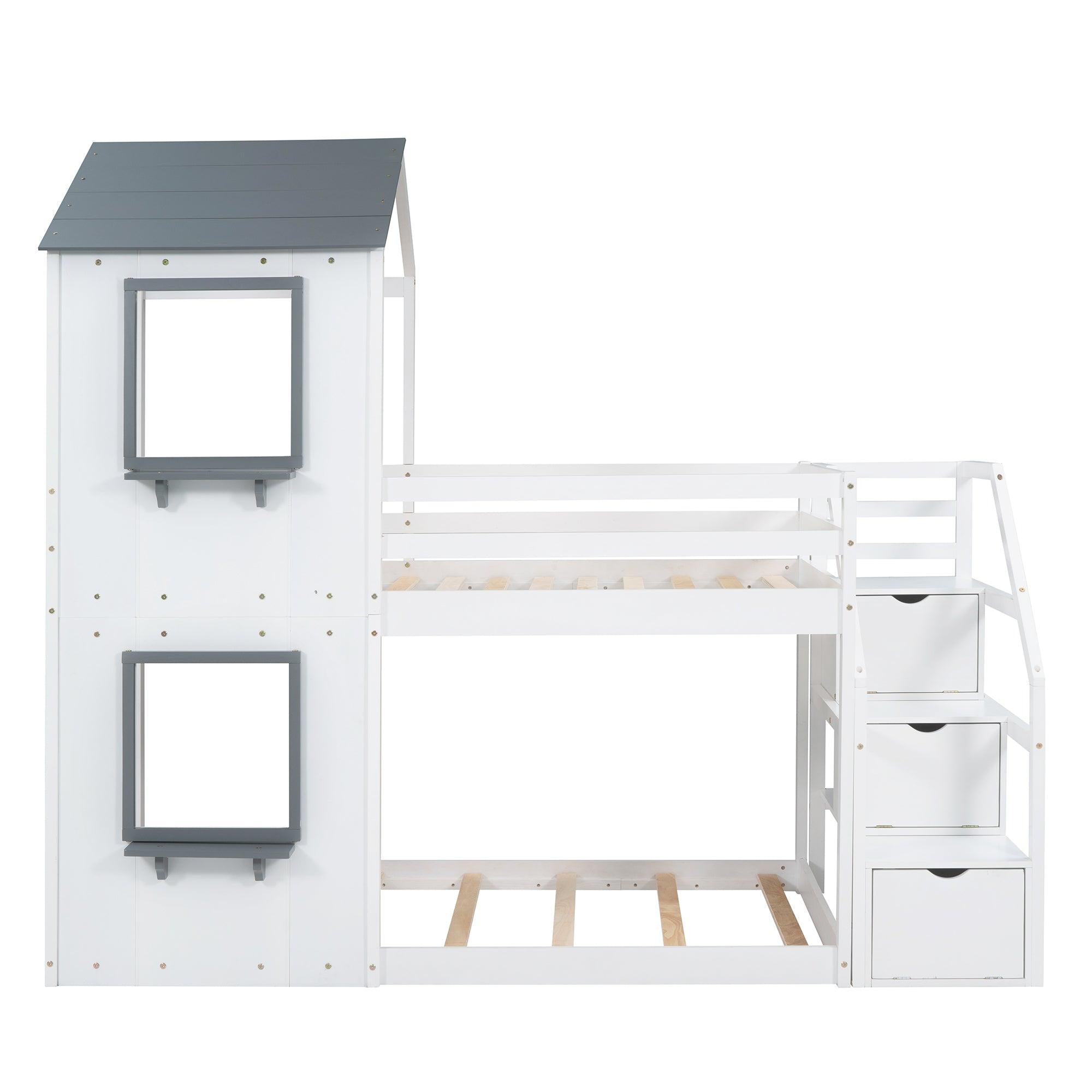 Twin over Twin House Shaped Bunk Bed withStorage Stairs, Guardrail and Ladder - White