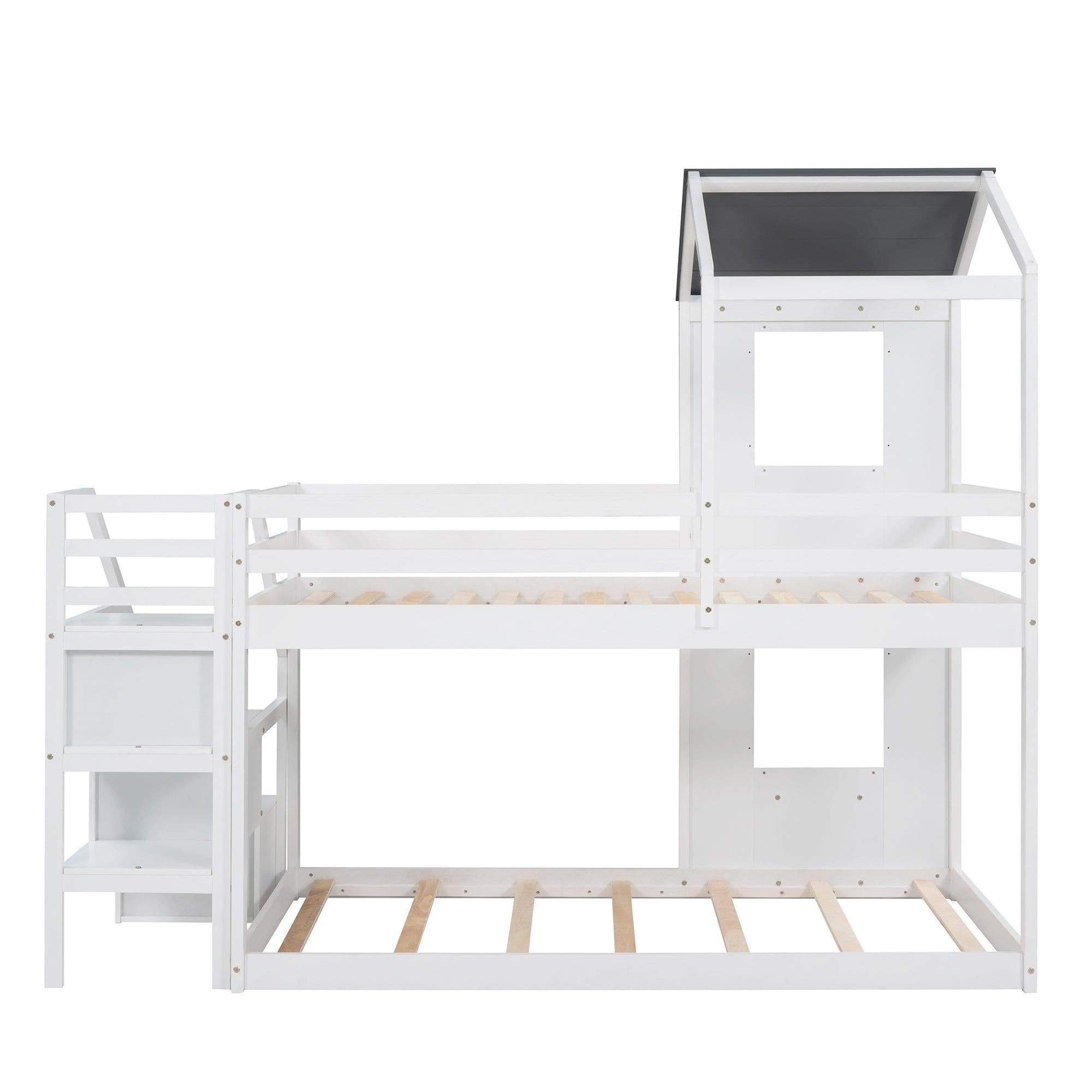 Twin over Twin House Shaped Bunk Bed withStorage Stairs, Guardrail and Ladder - White