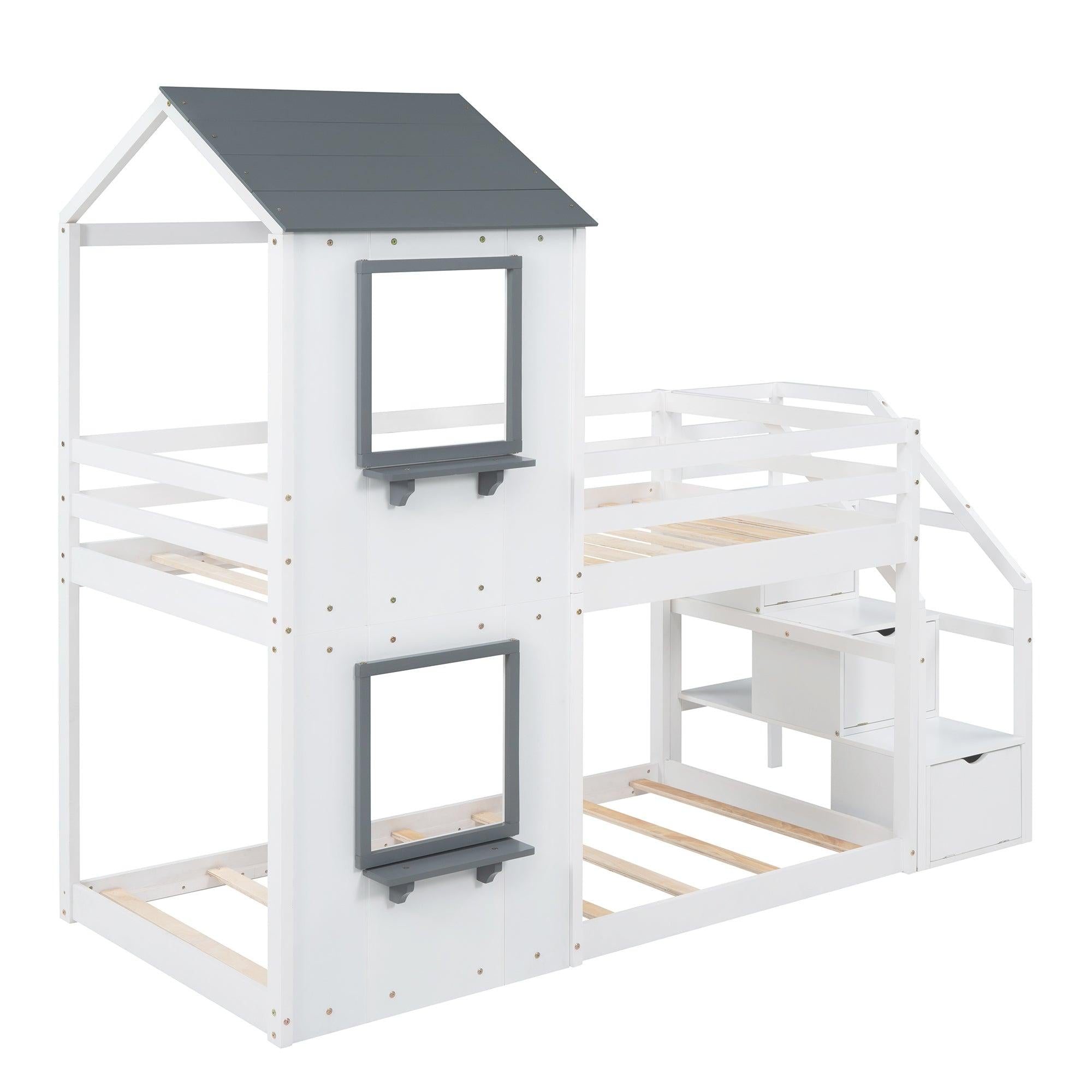 Twin over Twin House Shaped Bunk Bed withStorage Stairs, Guardrail and Ladder - White