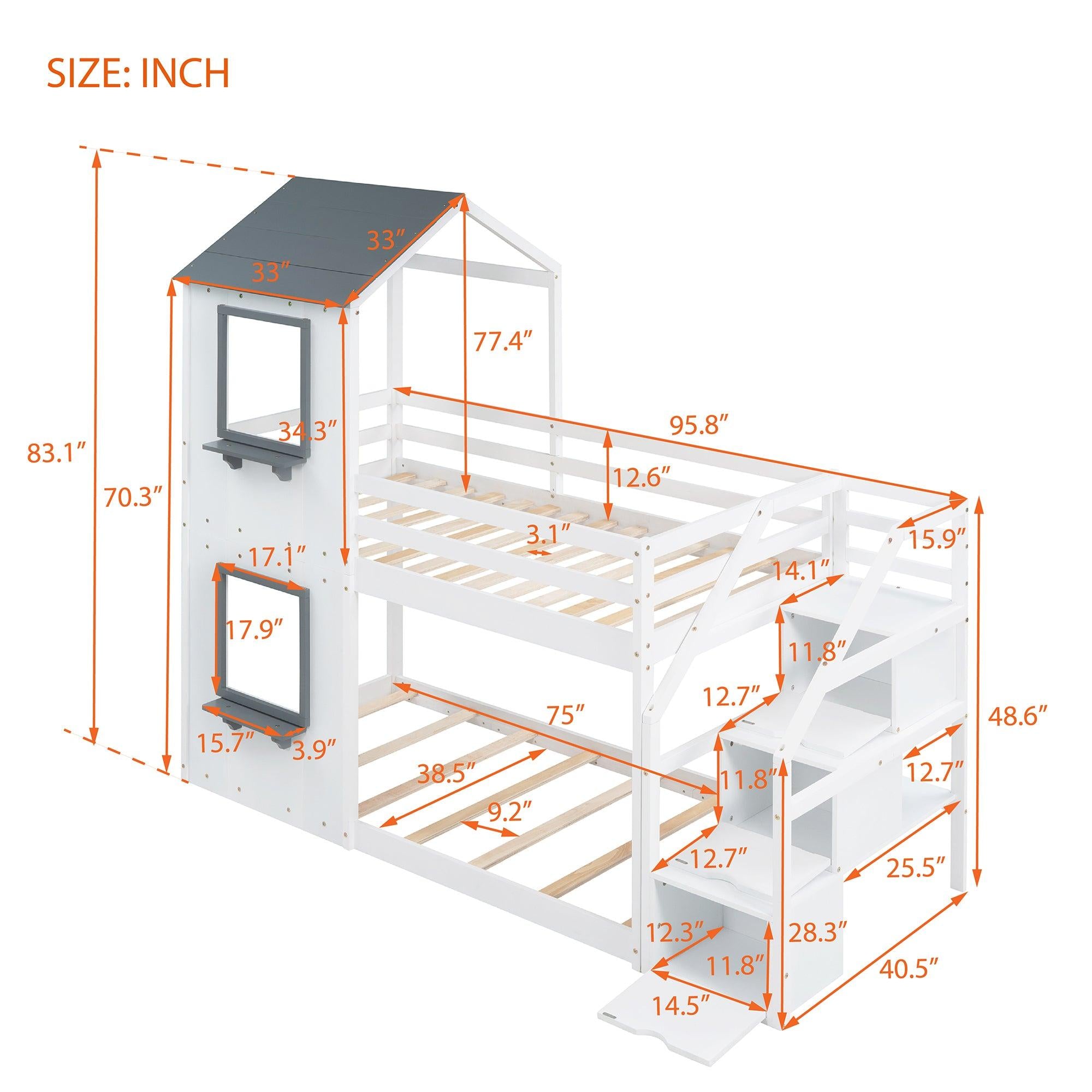 Twin over Twin House Shaped Bunk Bed withStorage Stairs, Guardrail and Ladder - White