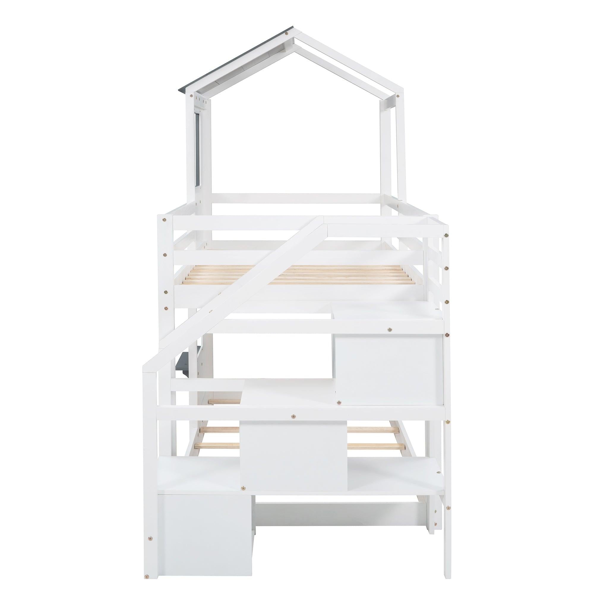 Twin over Twin House Shaped Bunk Bed withStorage Stairs, Guardrail and Ladder - White