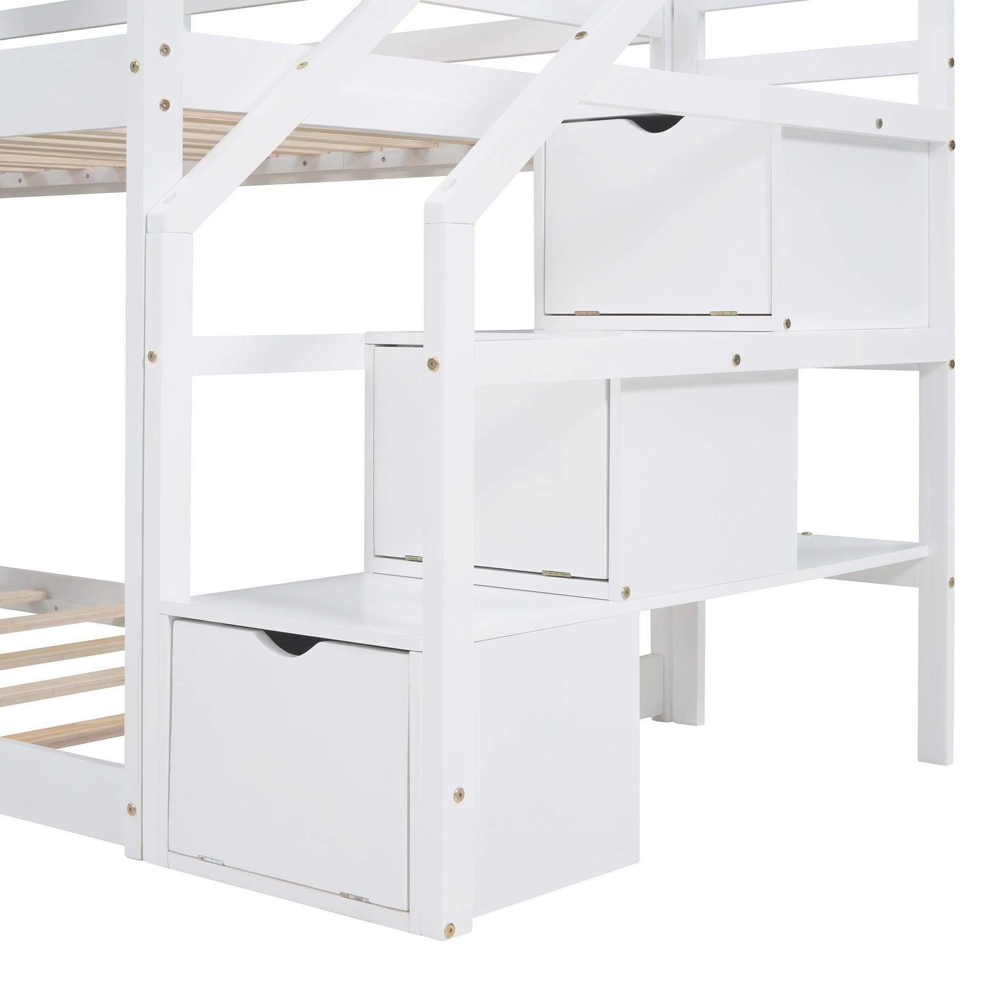 Twin over Twin House Shaped Bunk Bed withStorage Stairs, Guardrail and Ladder - White