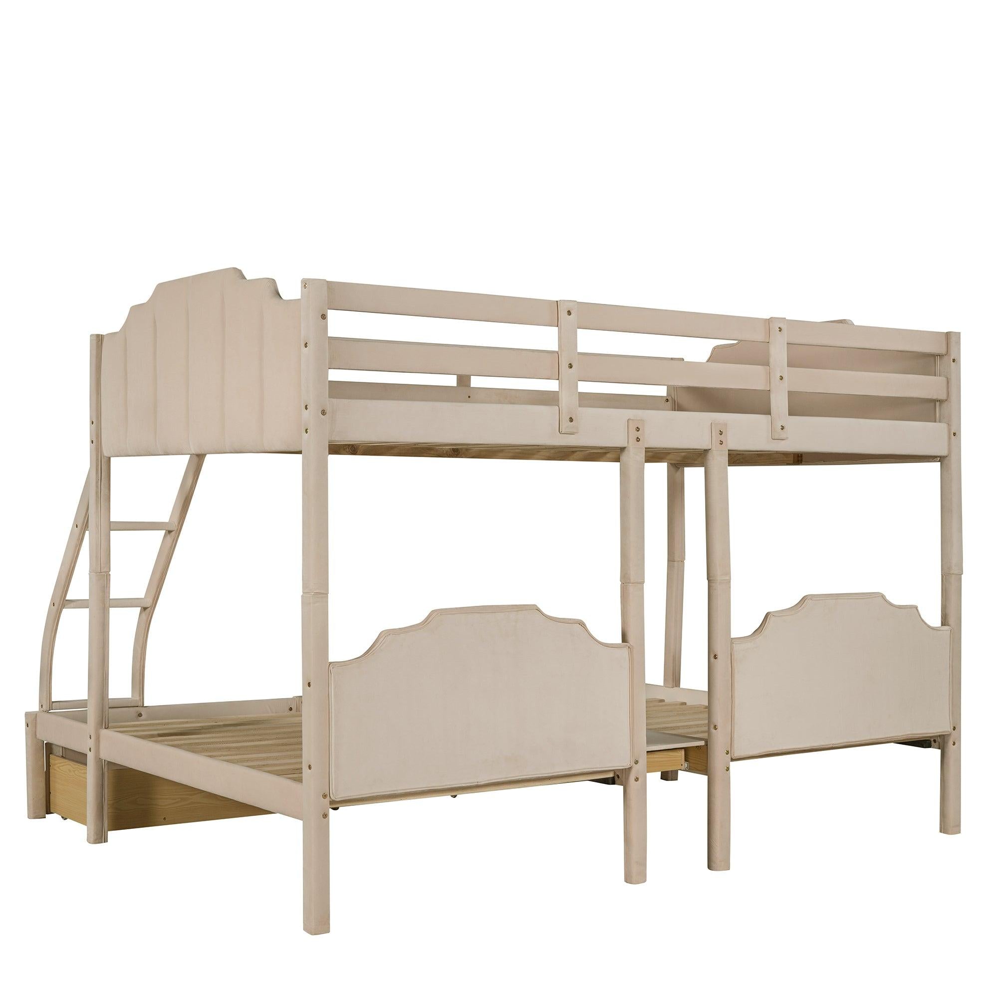 Full over Twin and Twin Bunk Bed with Drawers and Guardrails - Beige