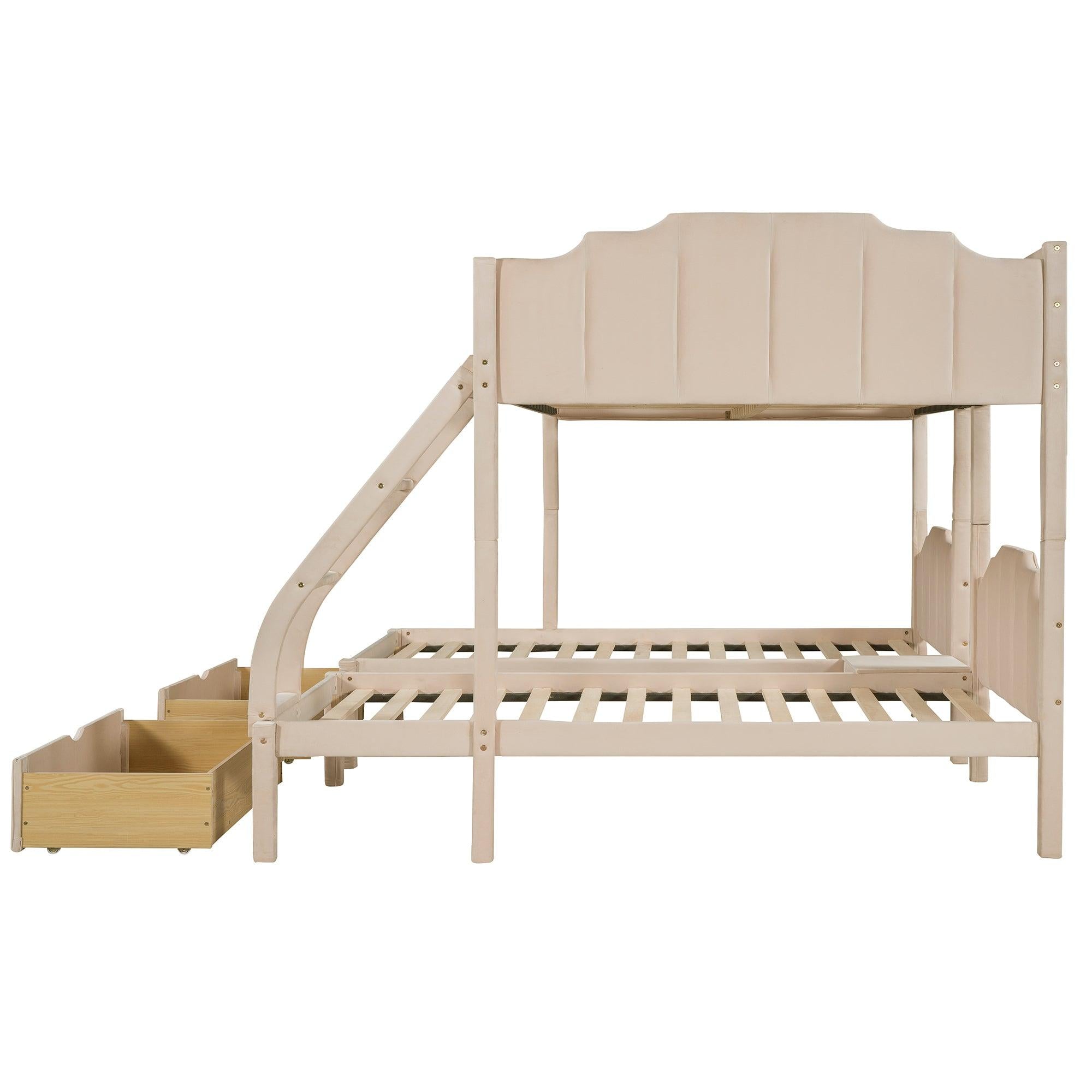 Full over Twin and Twin Bunk Bed with Drawers and Guardrails - Beige