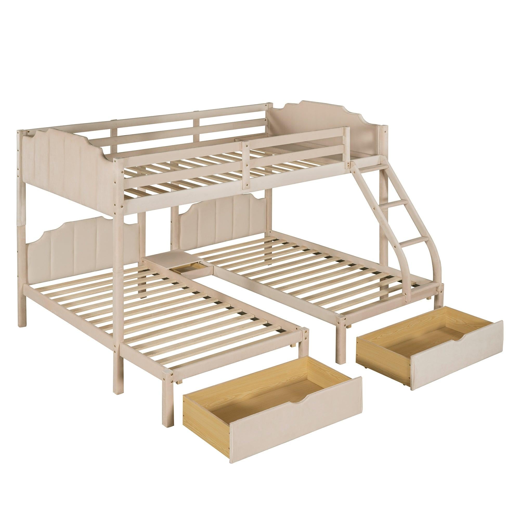 Full over Twin and Twin Bunk Bed with Drawers and Guardrails - Beige