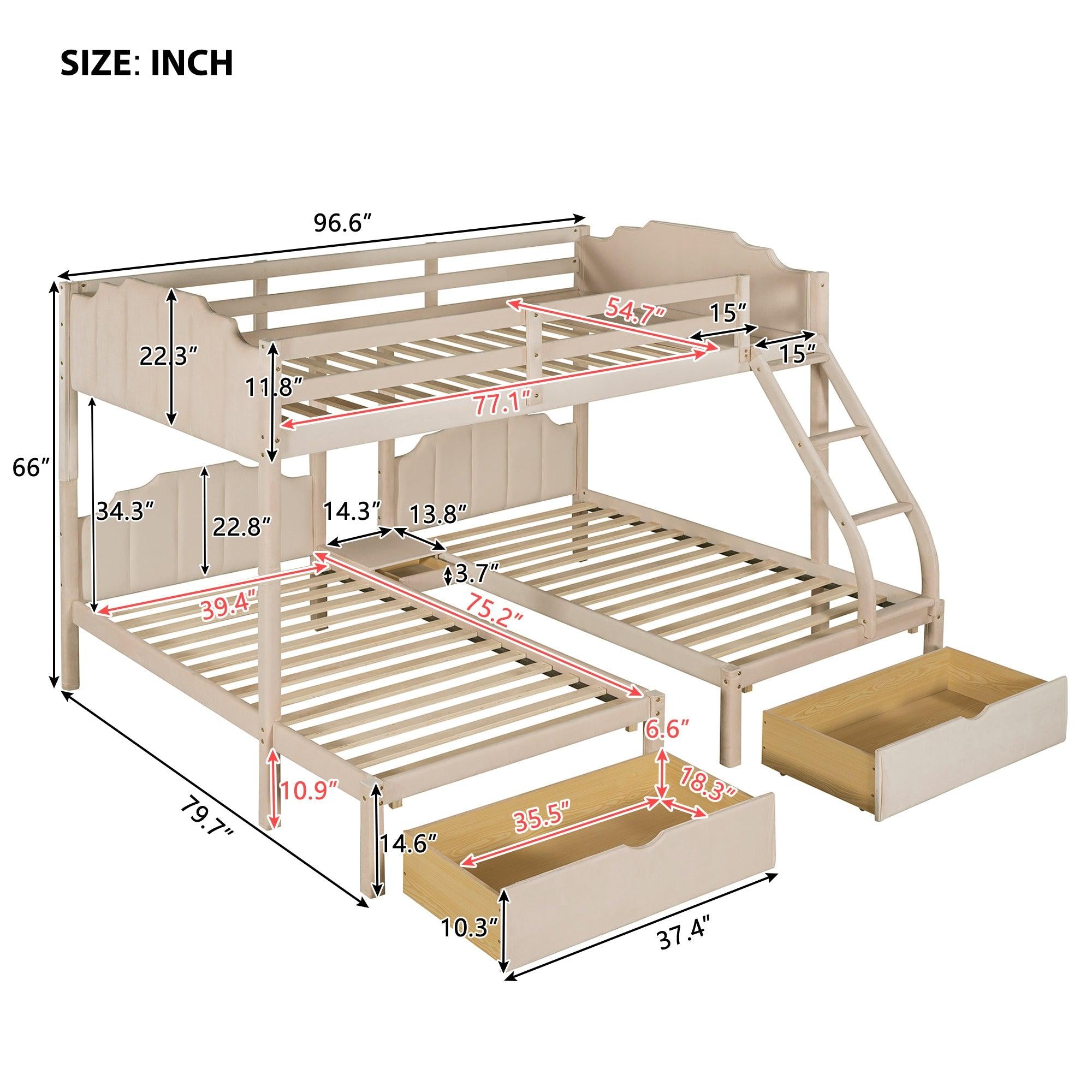 Full over Twin and Twin Bunk Bed with Drawers and Guardrails - Beige