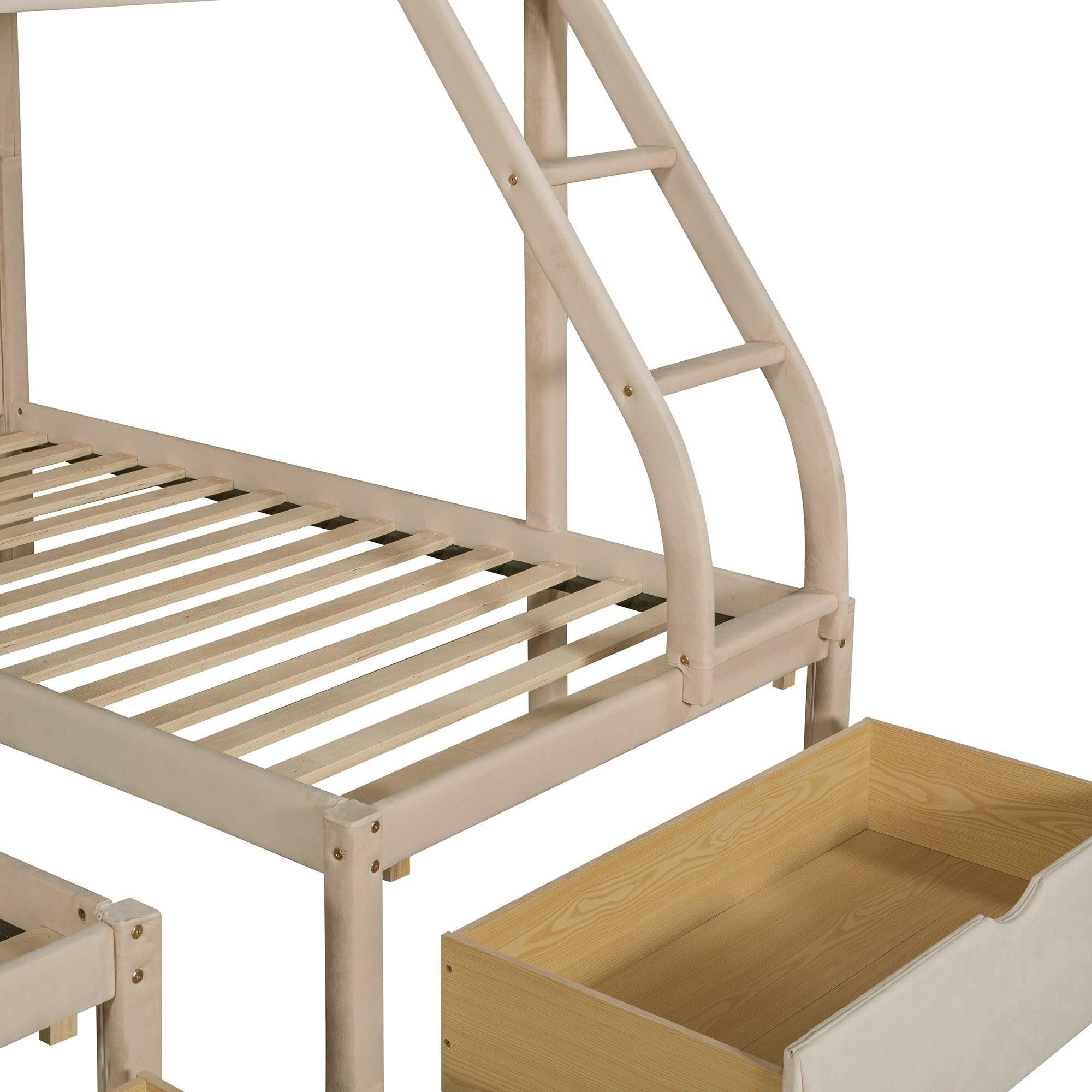 Full over Twin and Twin Bunk Bed with Drawers and Guardrails - Beige