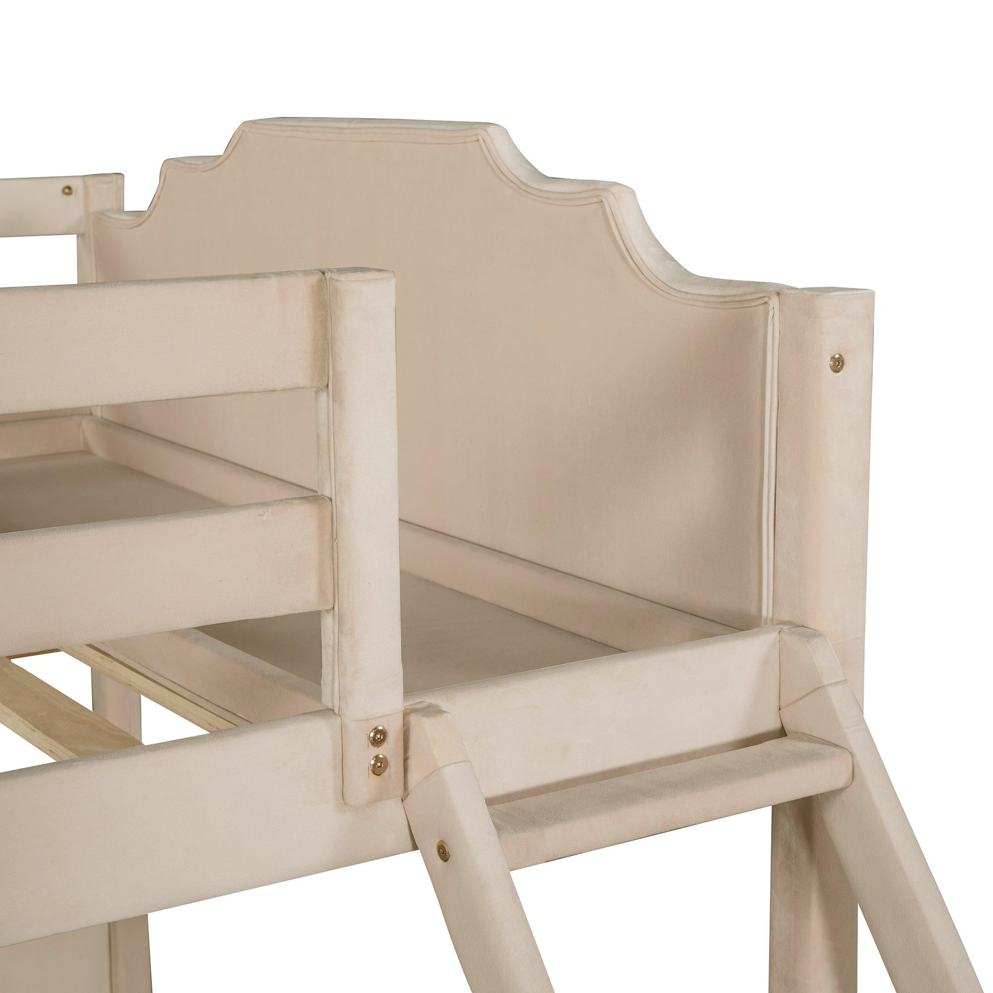 Full over Twin and Twin Bunk Bed with Drawers and Guardrails - Beige