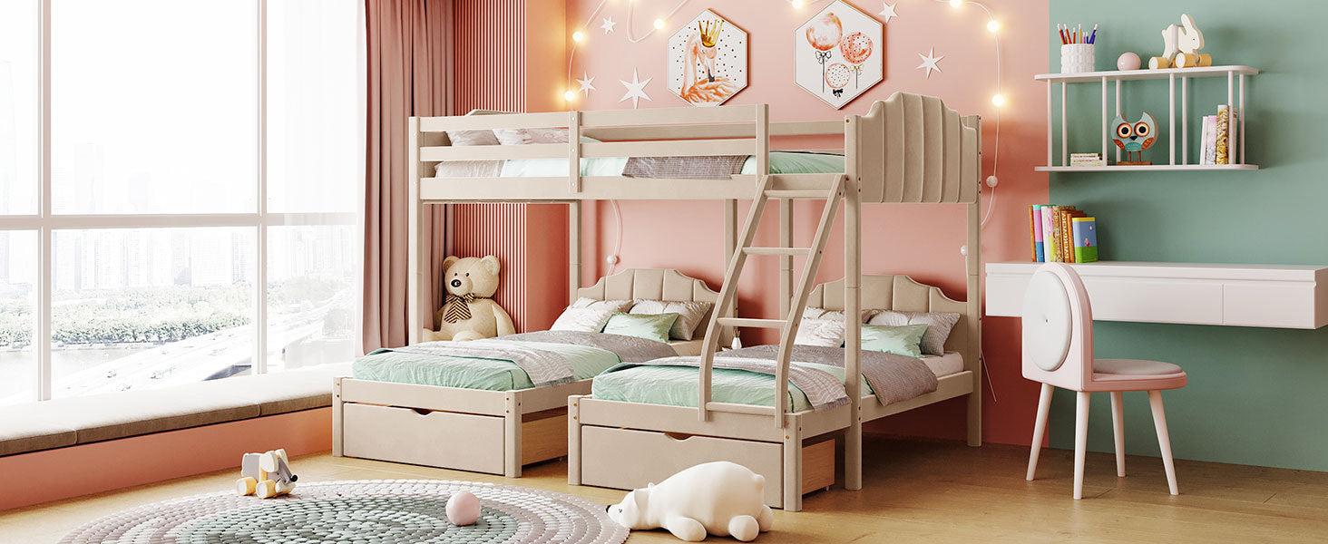 Full over Twin and Twin Bunk Bed with Drawers and Guardrails - Beige