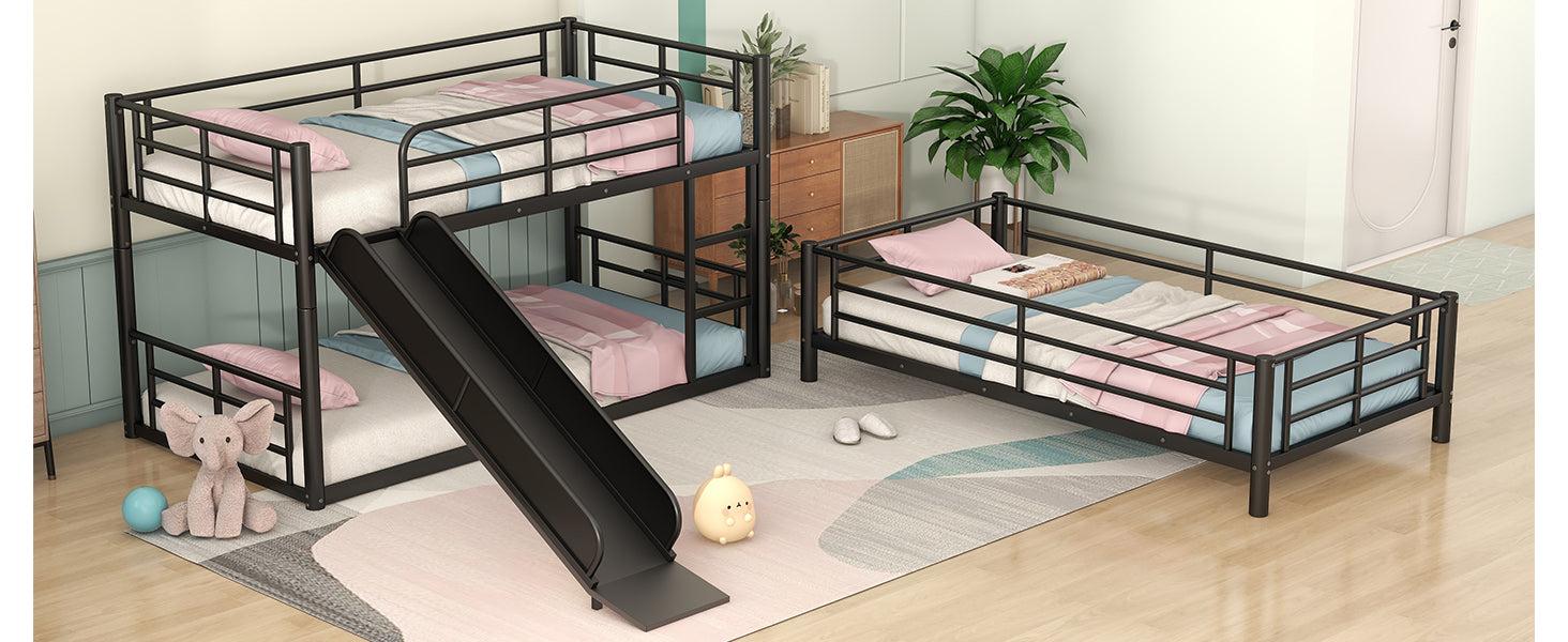 Twin Size Convertible Metal Bunk Bed with Ladders and Slide - Black