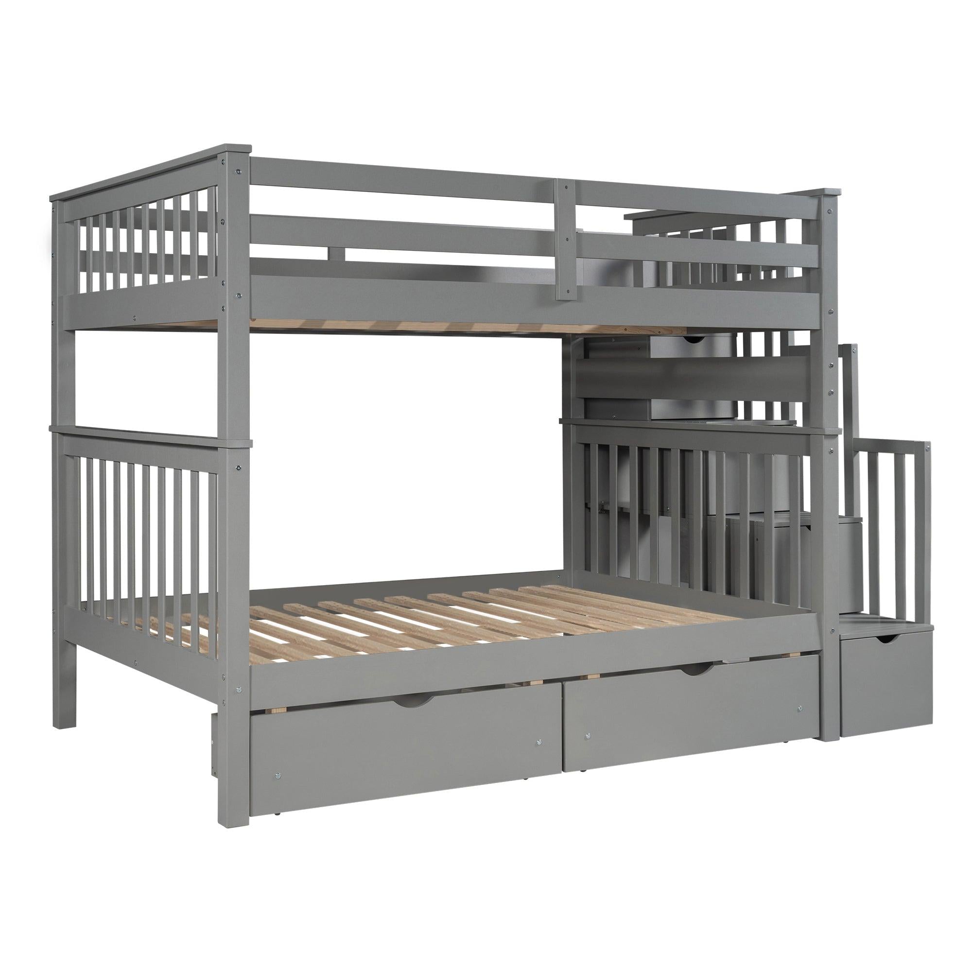 Full over Full Bunk Bed with Shelves and 6Storage Drawers - Gray