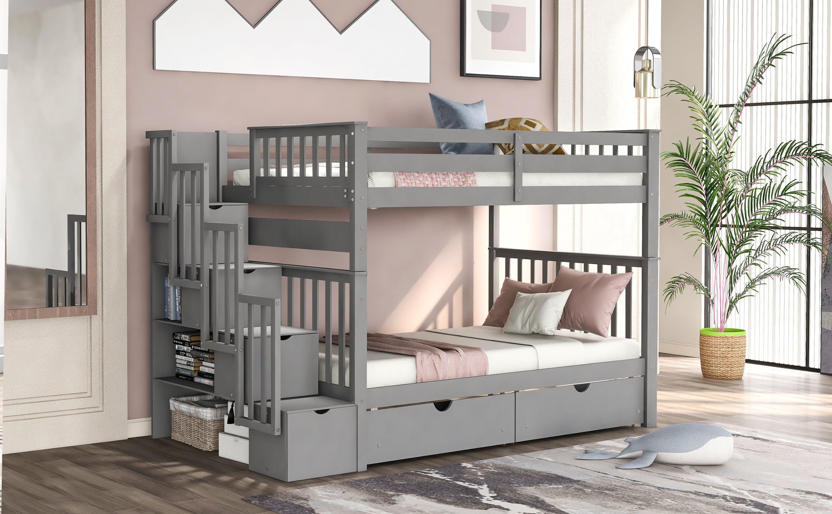 Full over Full Bunk Bed with Shelves and 6Storage Drawers - Gray