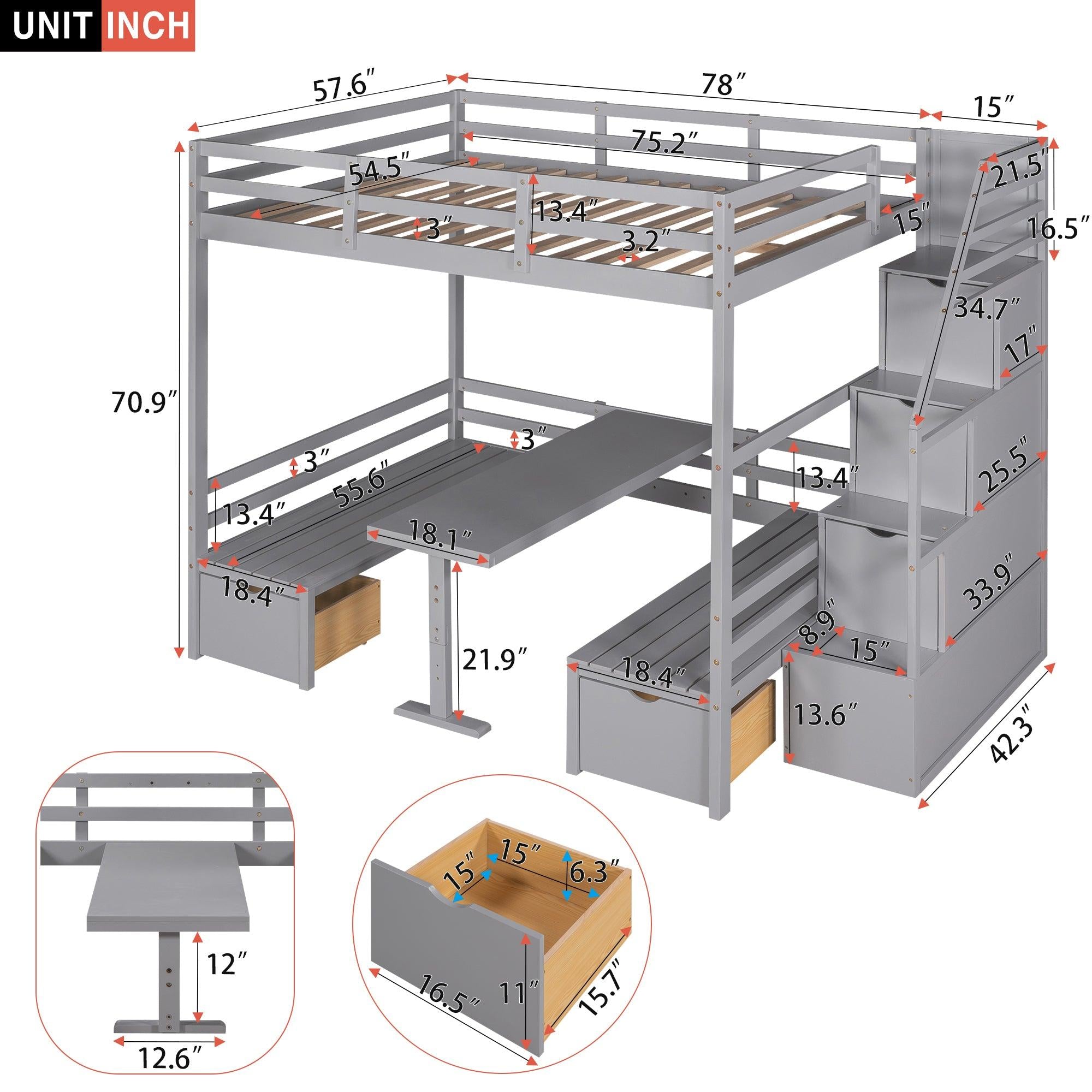 Full over Full Convertible Bunk Bed into Seats and Table Set withStorage Staircase - Gray