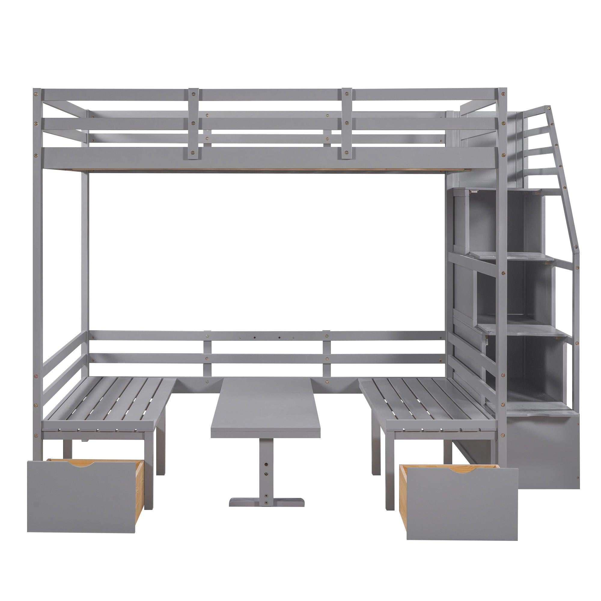 Full over Full Convertible Bunk Bed into Seats and Table Set withStorage Staircase - Gray