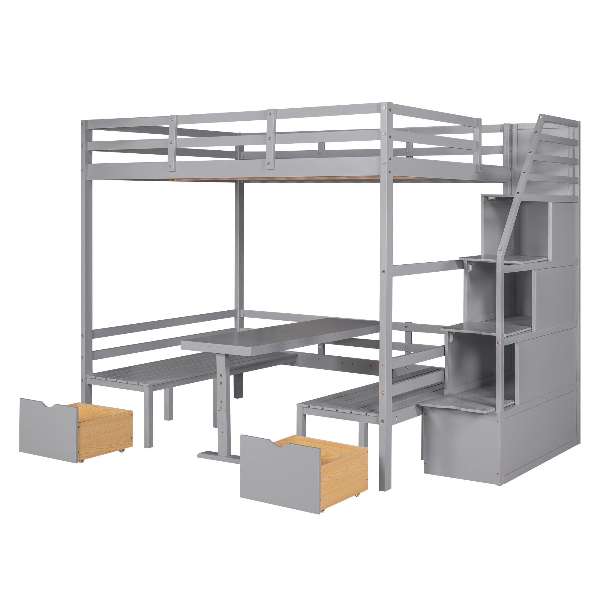 Full over Full Convertible Bunk Bed into Seats and Table Set withStorage Staircase - Gray