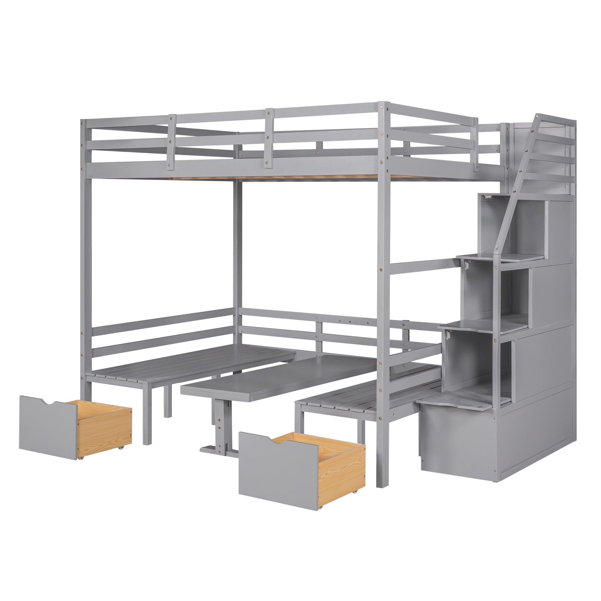 Full over Full Convertible Bunk Bed into Seats and Table Set withStorage Staircase - Gray