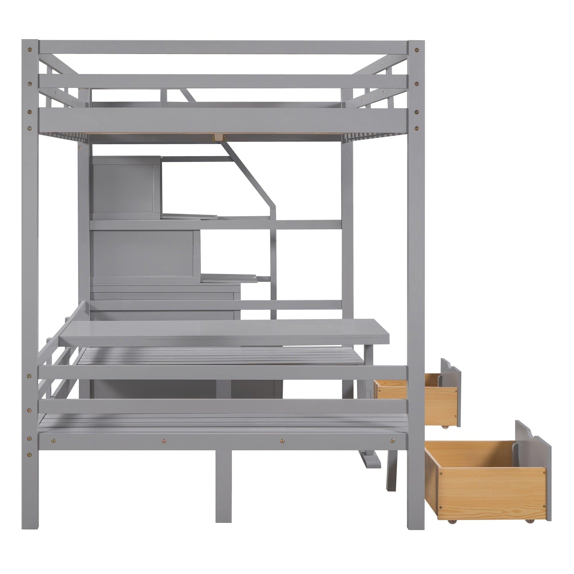 Full over Full Convertible Bunk Bed into Seats and Table Set withStorage Staircase - Gray