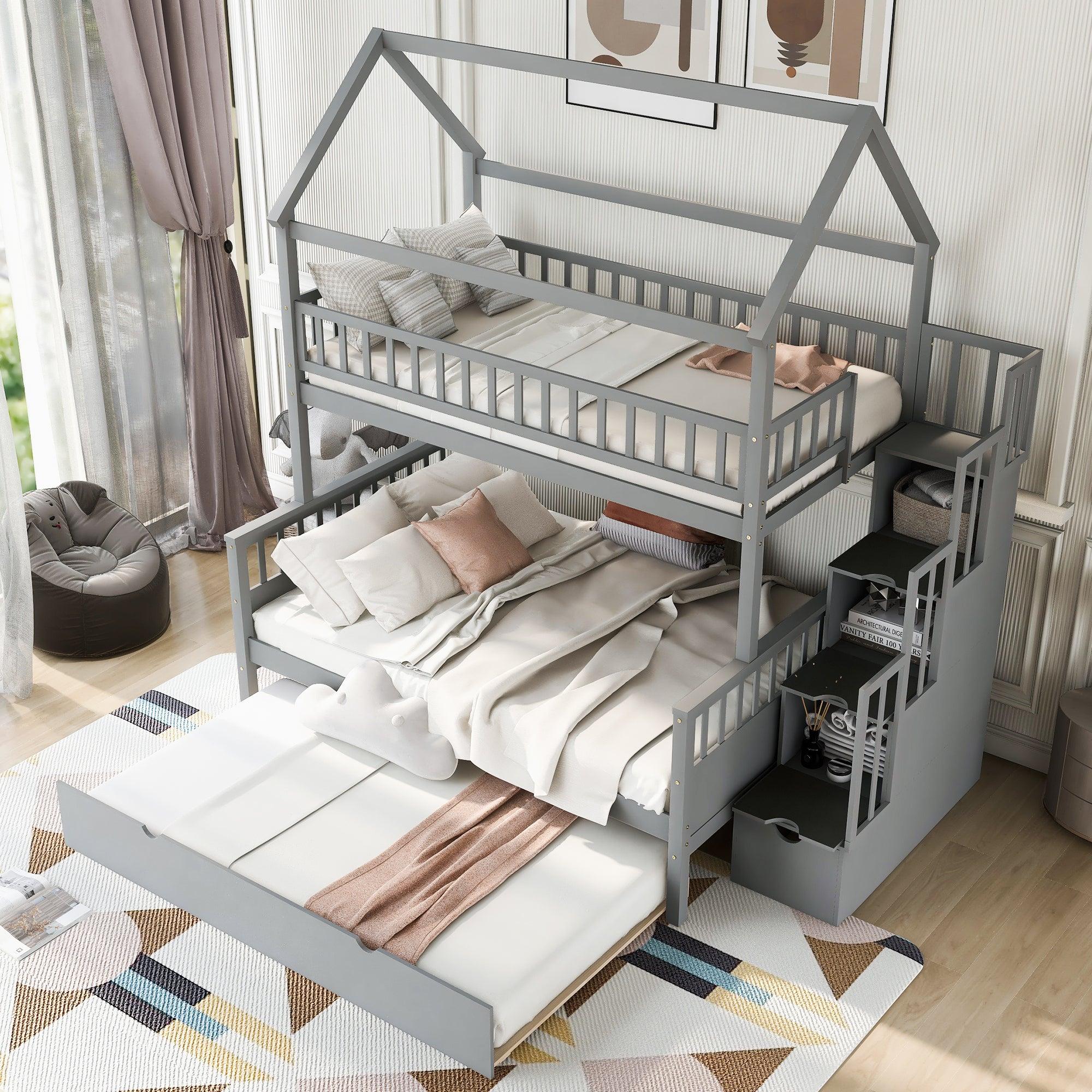 Twin over Full House Shaped Bunk Bed withStorage Staircase, Guardrail and Twin Size Trundle - Gray