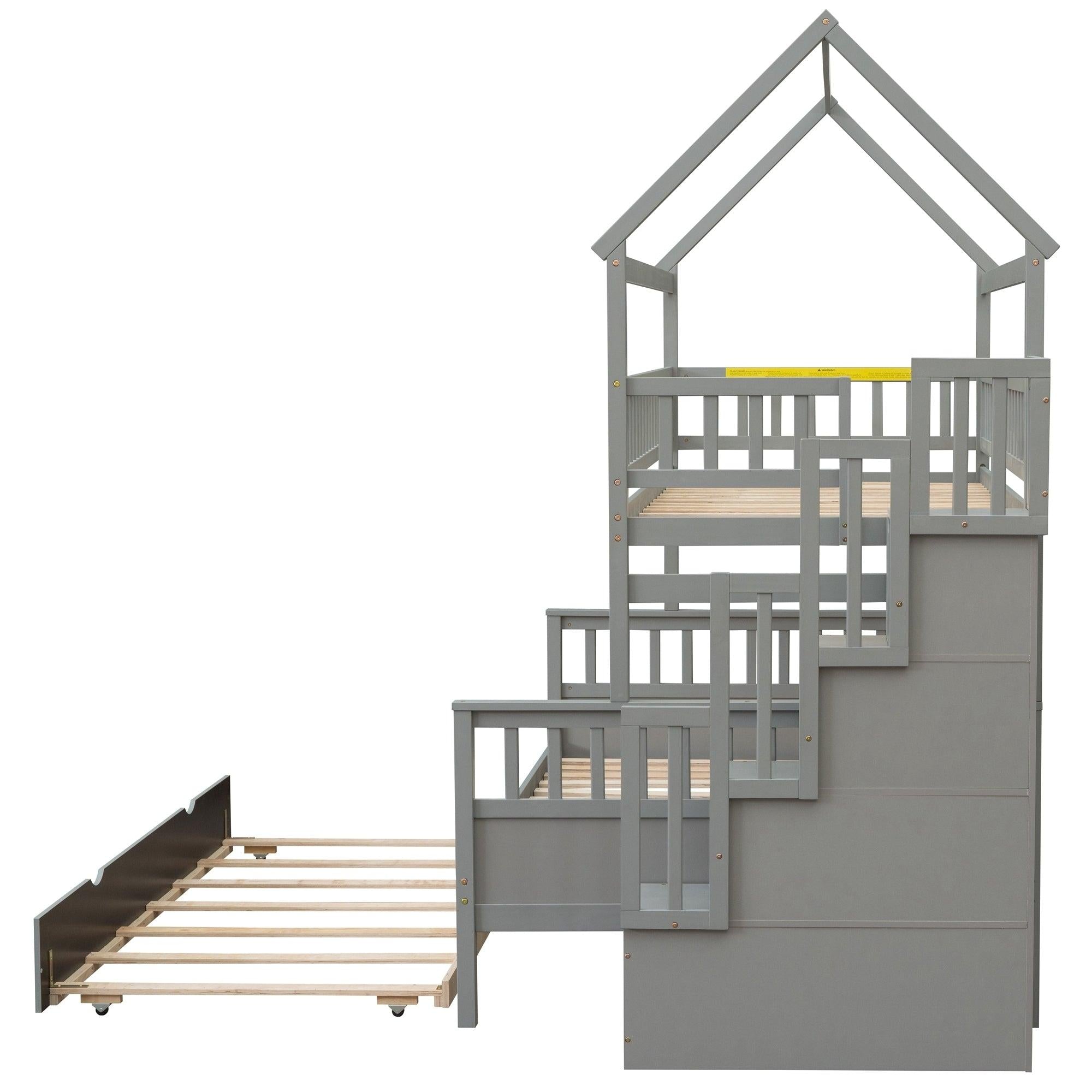 Twin over Full House Shaped Bunk Bed withStorage Staircase, Guardrail and Twin Size Trundle - Gray