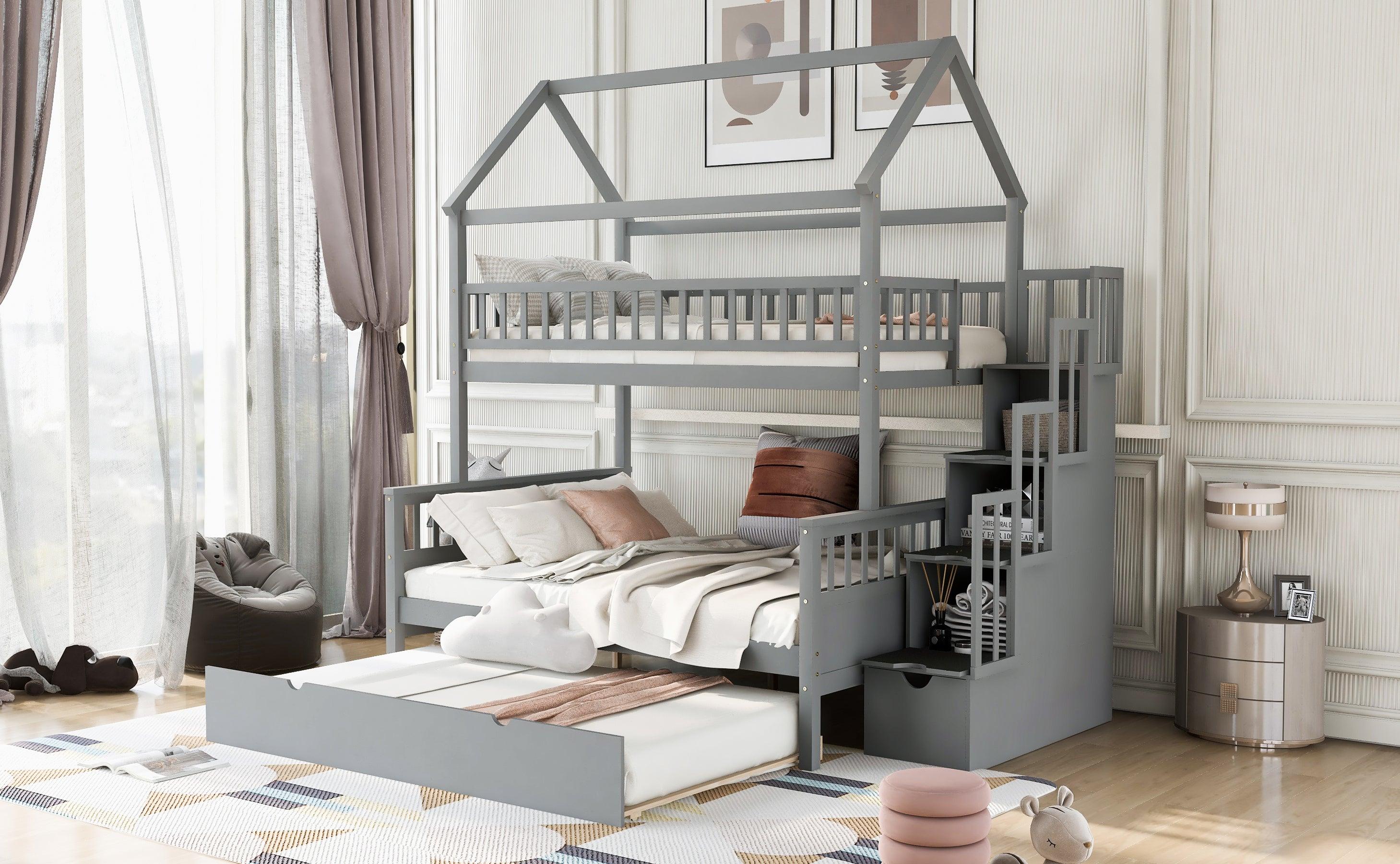 Twin over Full House Shaped Bunk Bed withStorage Staircase, Guardrail and Twin Size Trundle - Gray