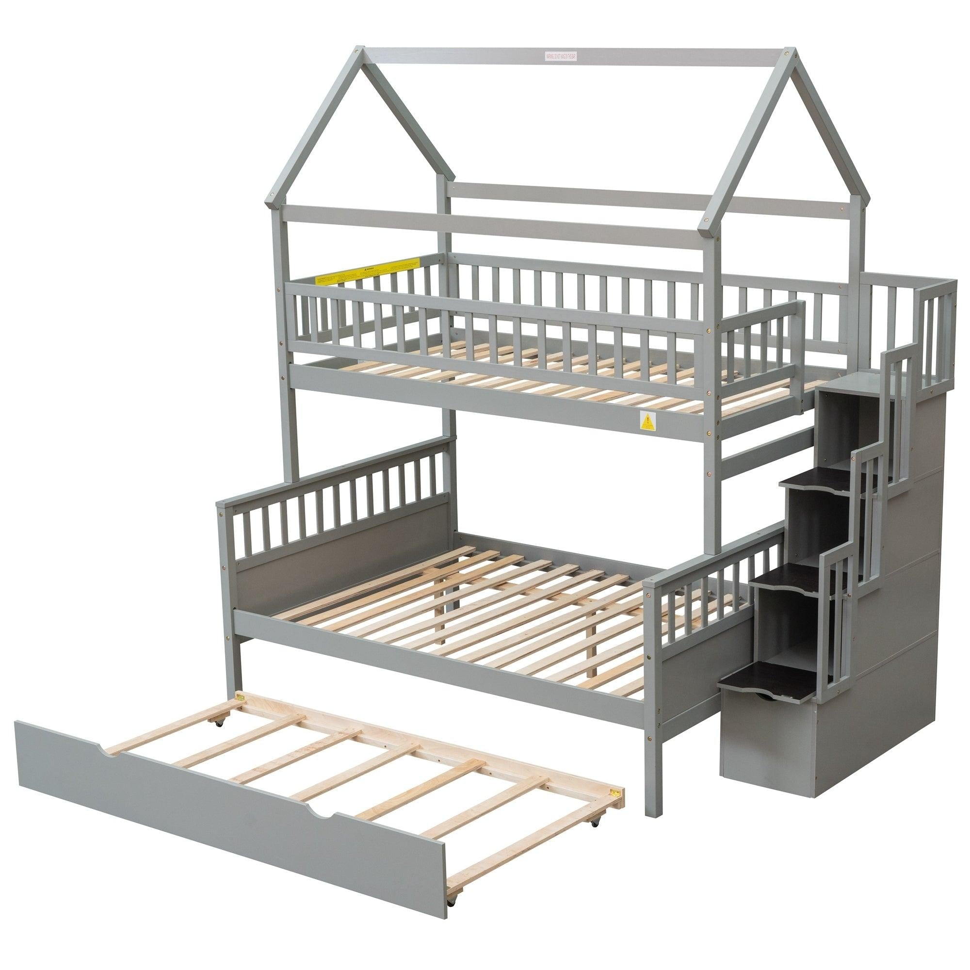 Twin over Full House Shaped Bunk Bed withStorage Staircase, Guardrail and Twin Size Trundle - Gray