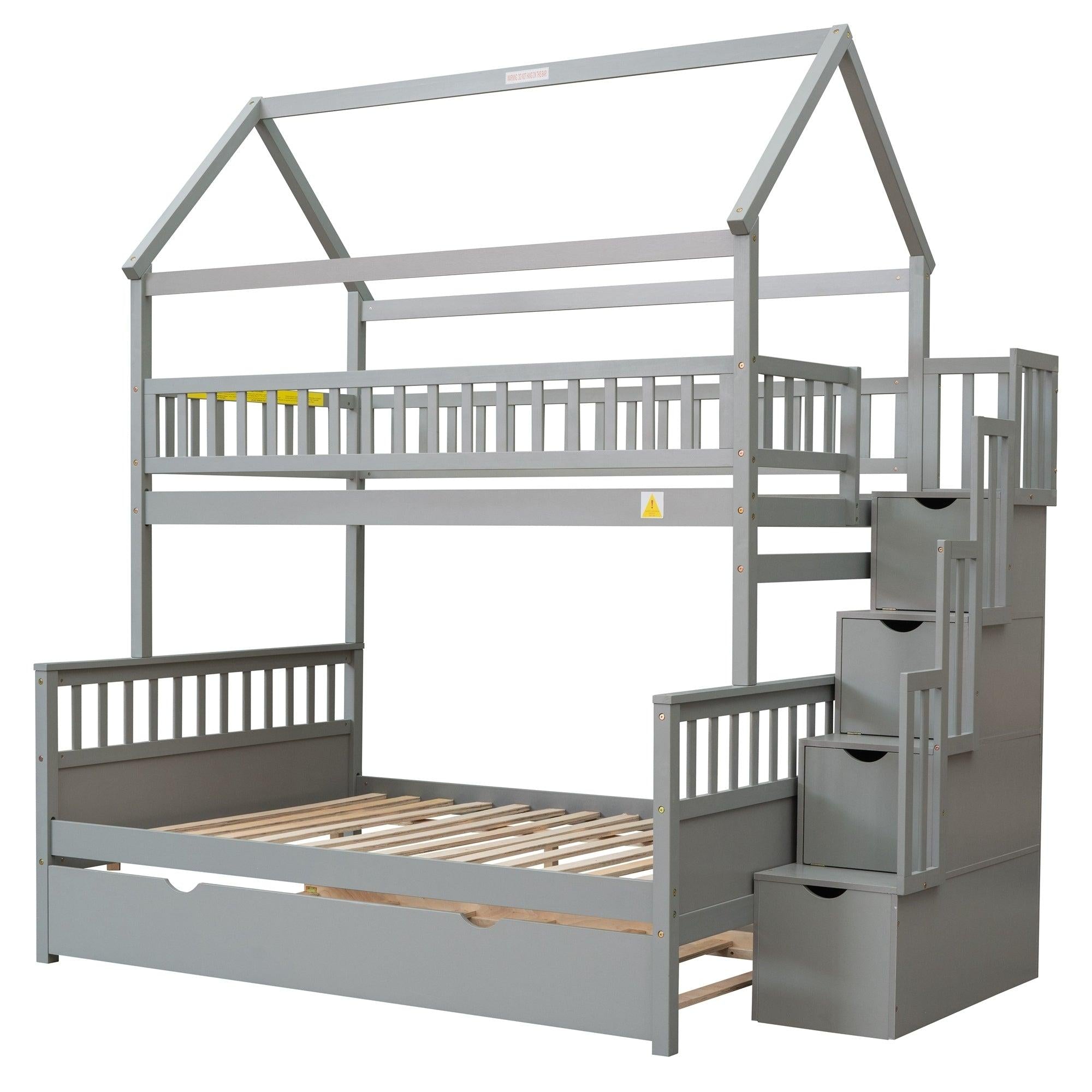 Twin over Full House Shaped Bunk Bed withStorage Staircase, Guardrail and Twin Size Trundle - Gray