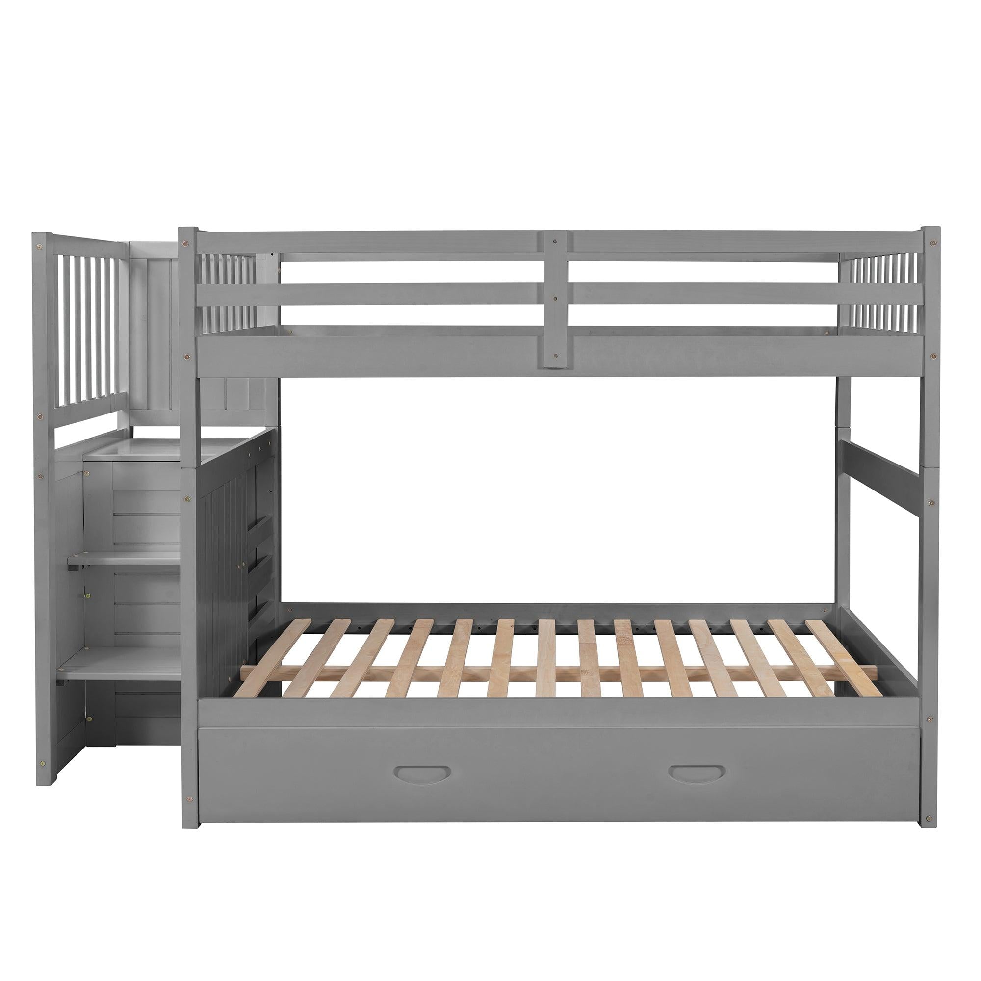 Full over Full Convertible Bunk Bed with Twin Size Trundle and Staircase Drawers - Gray