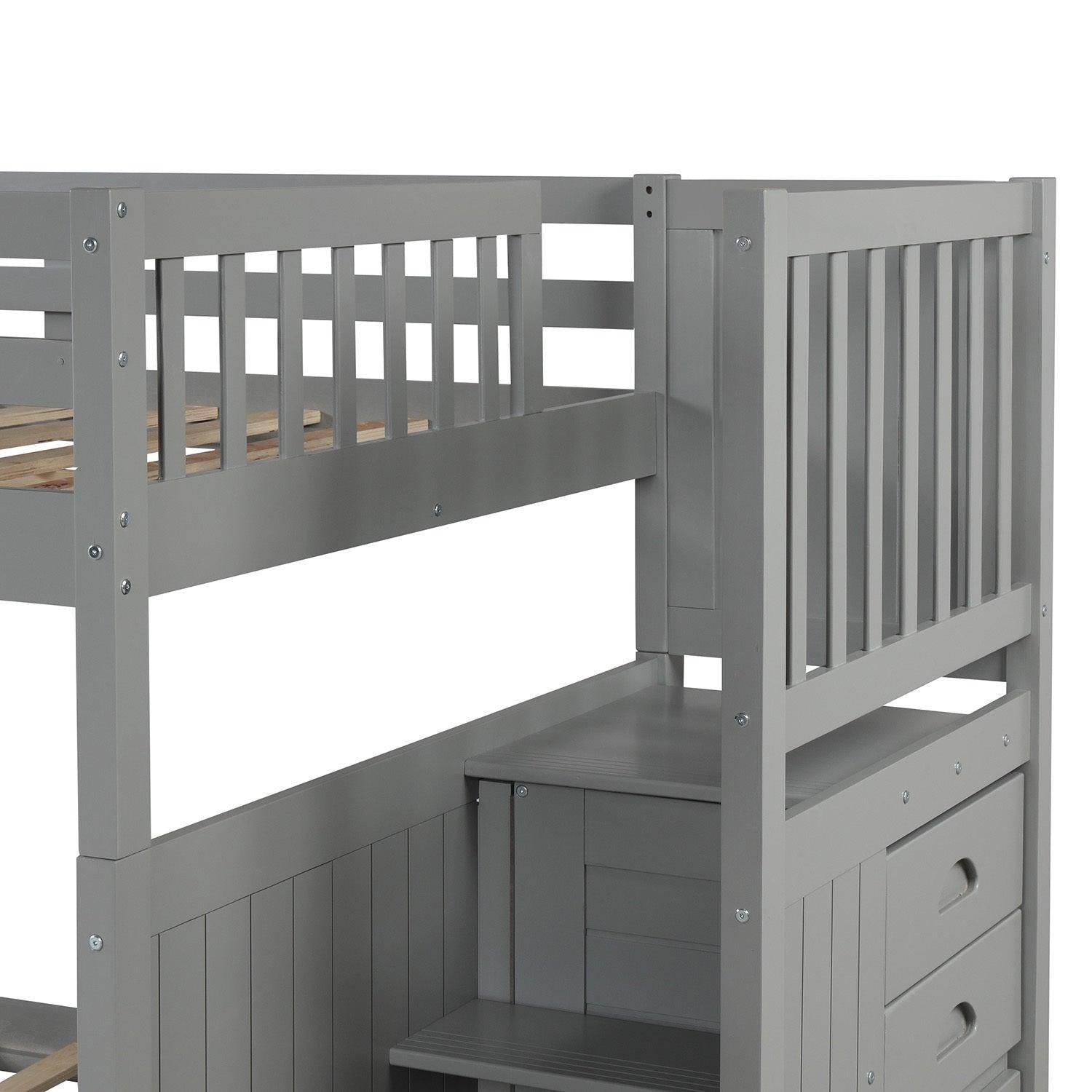 Full over Full Convertible Bunk Bed with Twin Size Trundle and Staircase Drawers - Gray