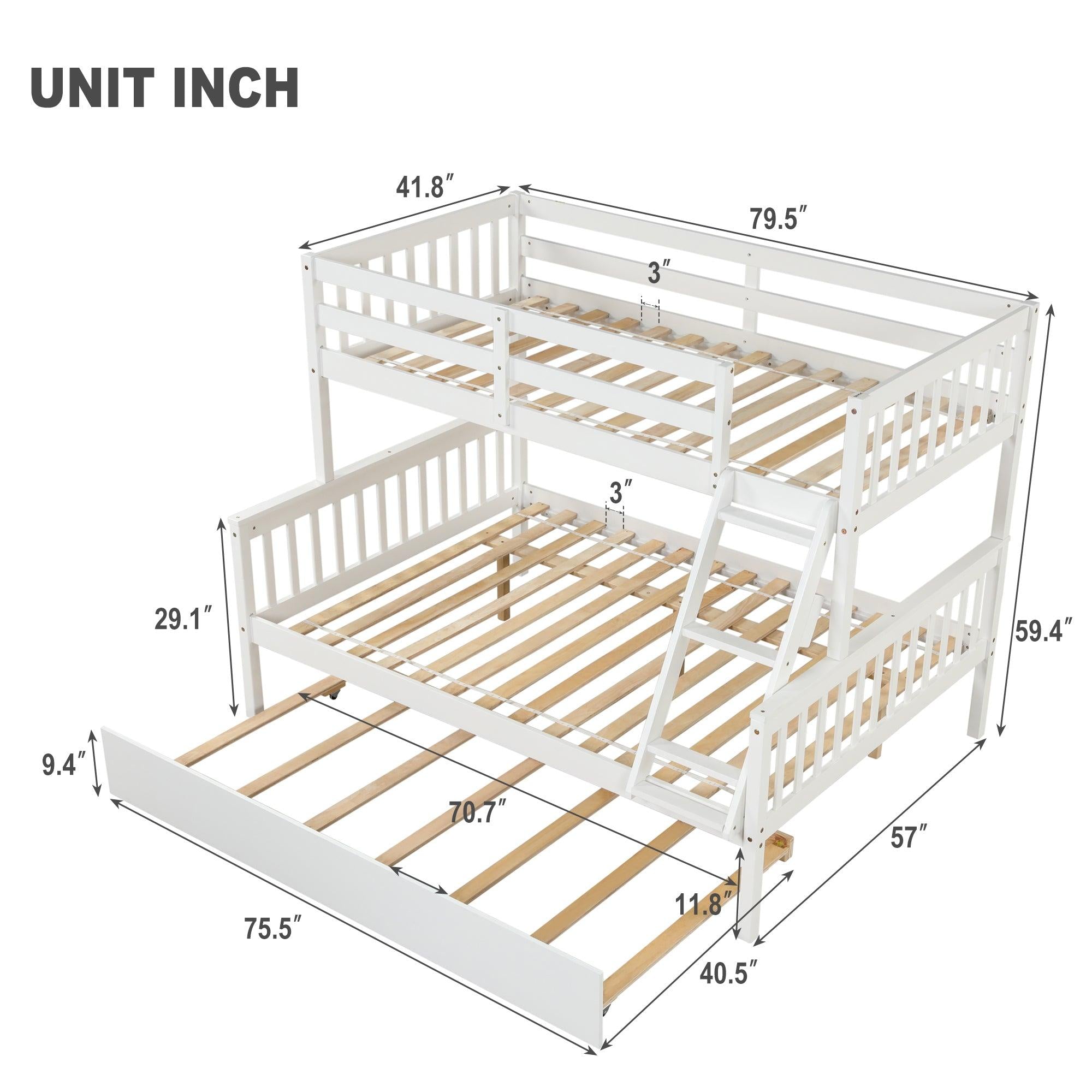 Twin over Full Convertible Bunk Bed with Lader, Safety Rails and Twin Size Trundle - White