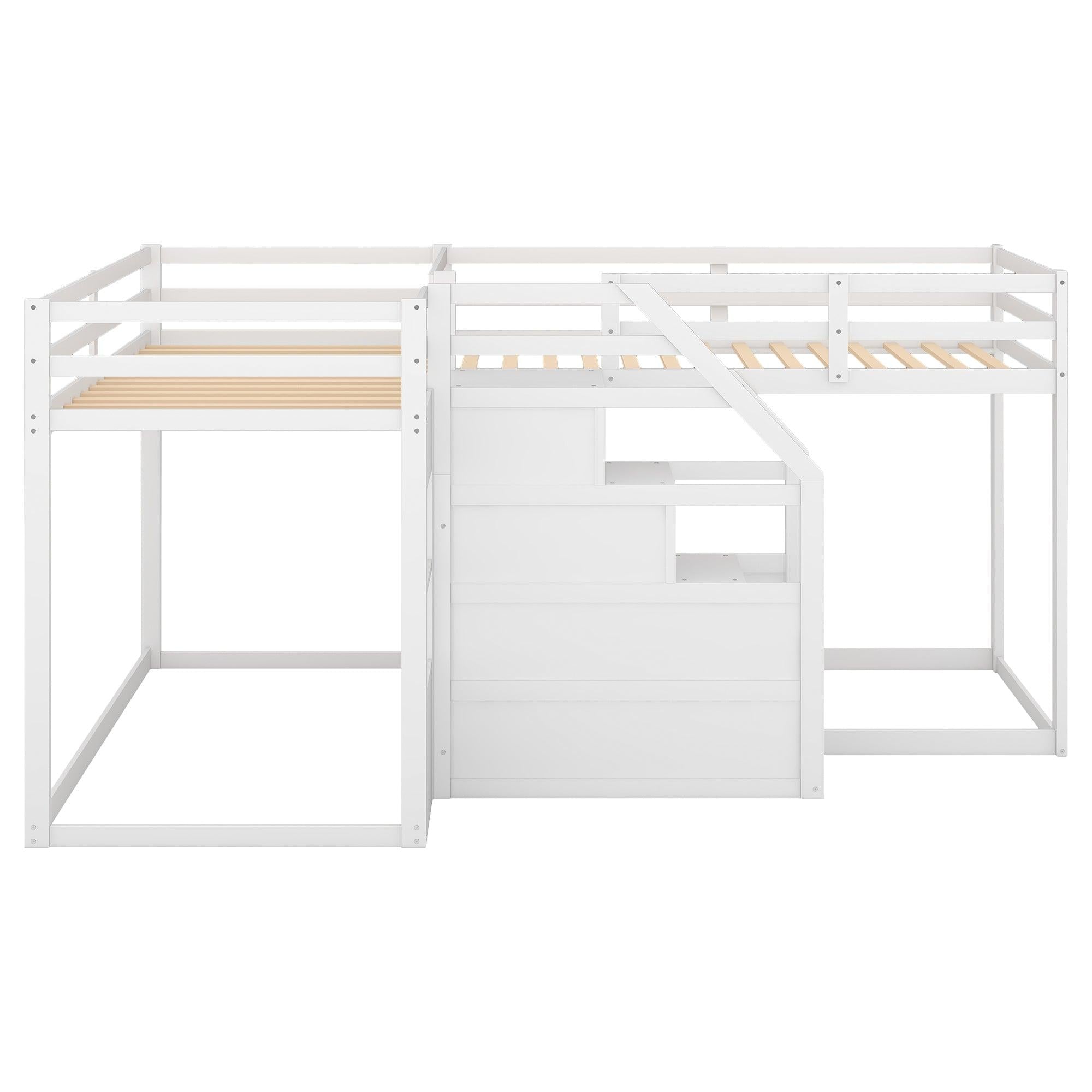 Twin over Twin L-Shaped Bunk Bed withStorage Staircase - White