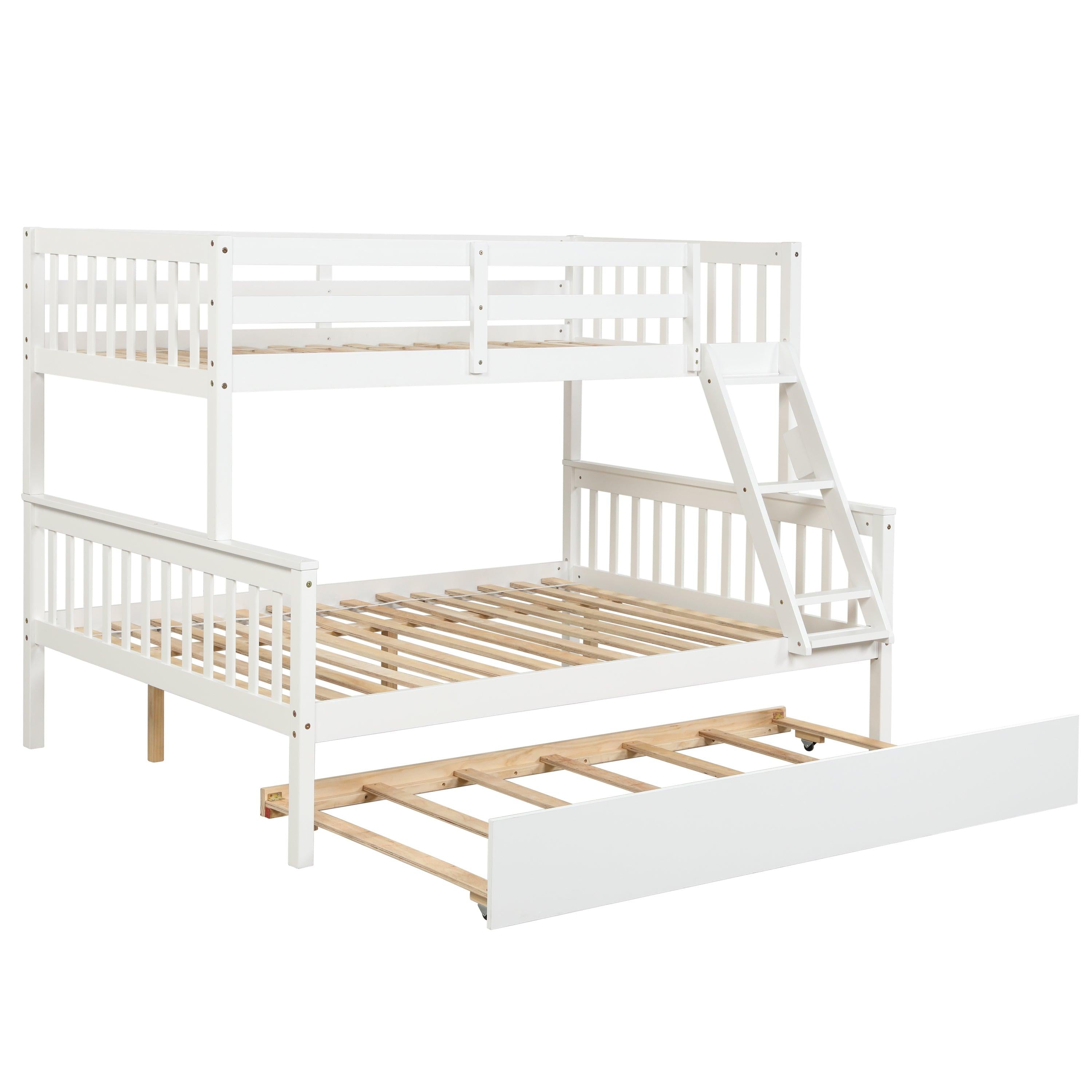 Twin over Full Convertible Bunk Bed with Lader, Safety Rails and Twin Size Trundle - White