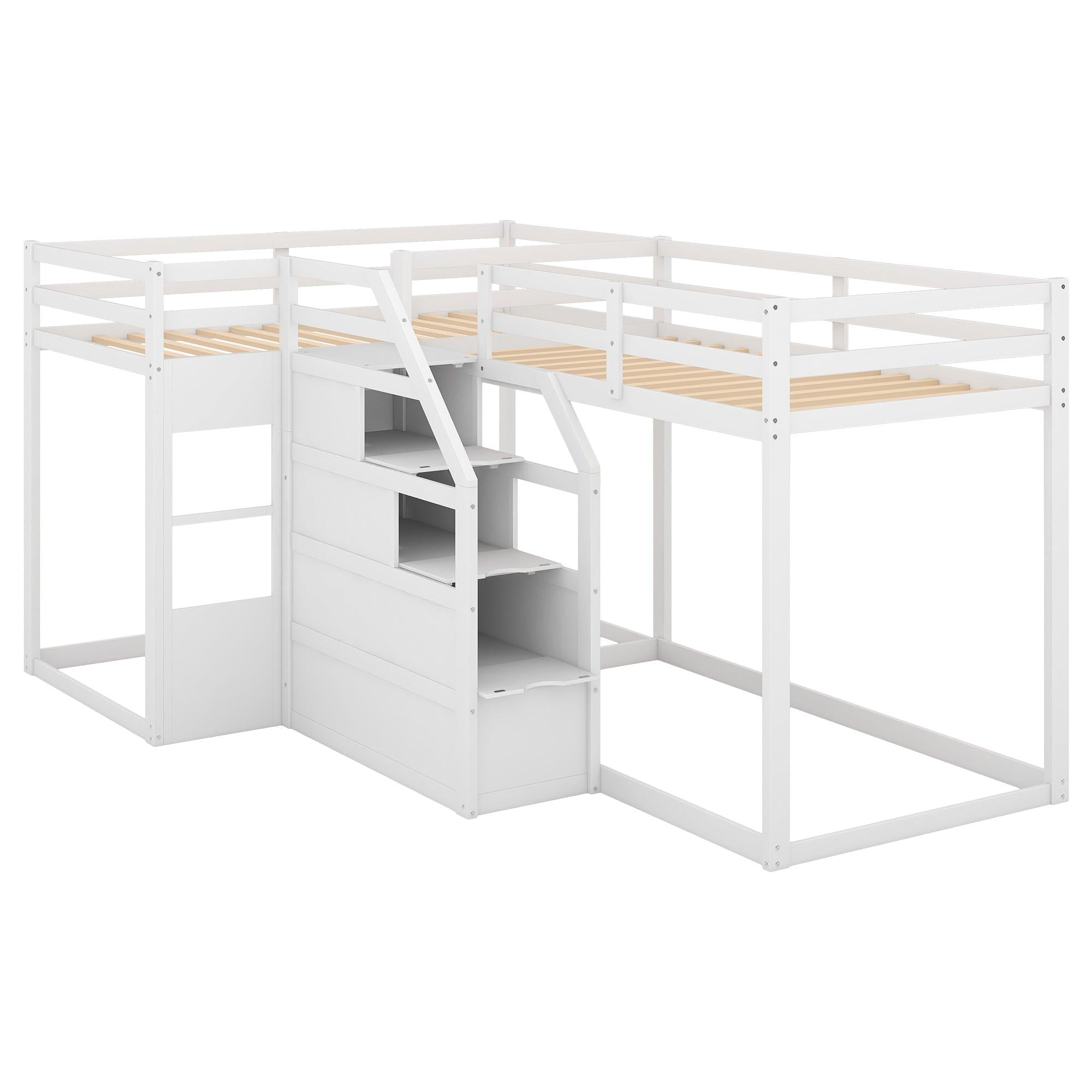 Twin over Twin L-Shaped Bunk Bed withStorage Staircase - White