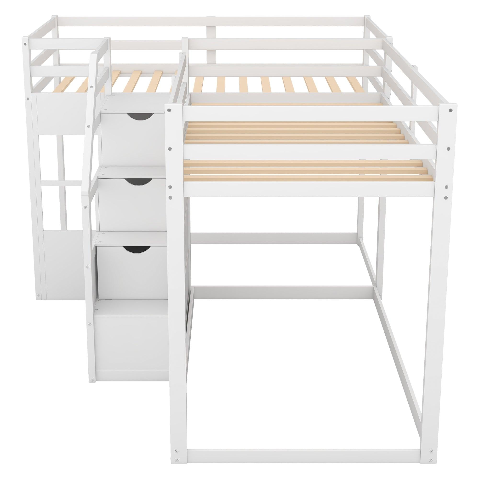 Twin over Twin L-Shaped Bunk Bed withStorage Staircase - White