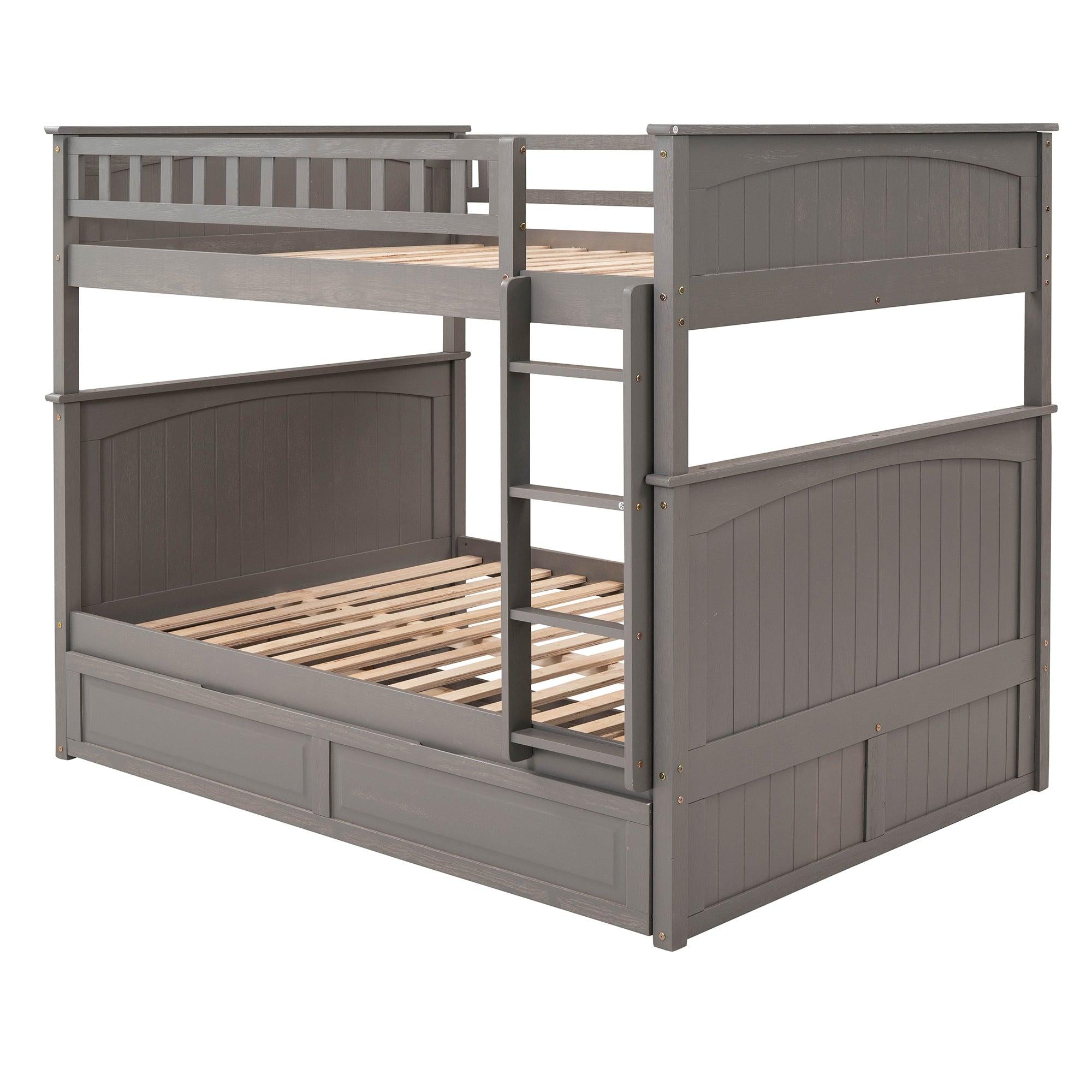 Full over Full Bunk Bed with Twin Size Trundle and Guardrails - Brushed Gray