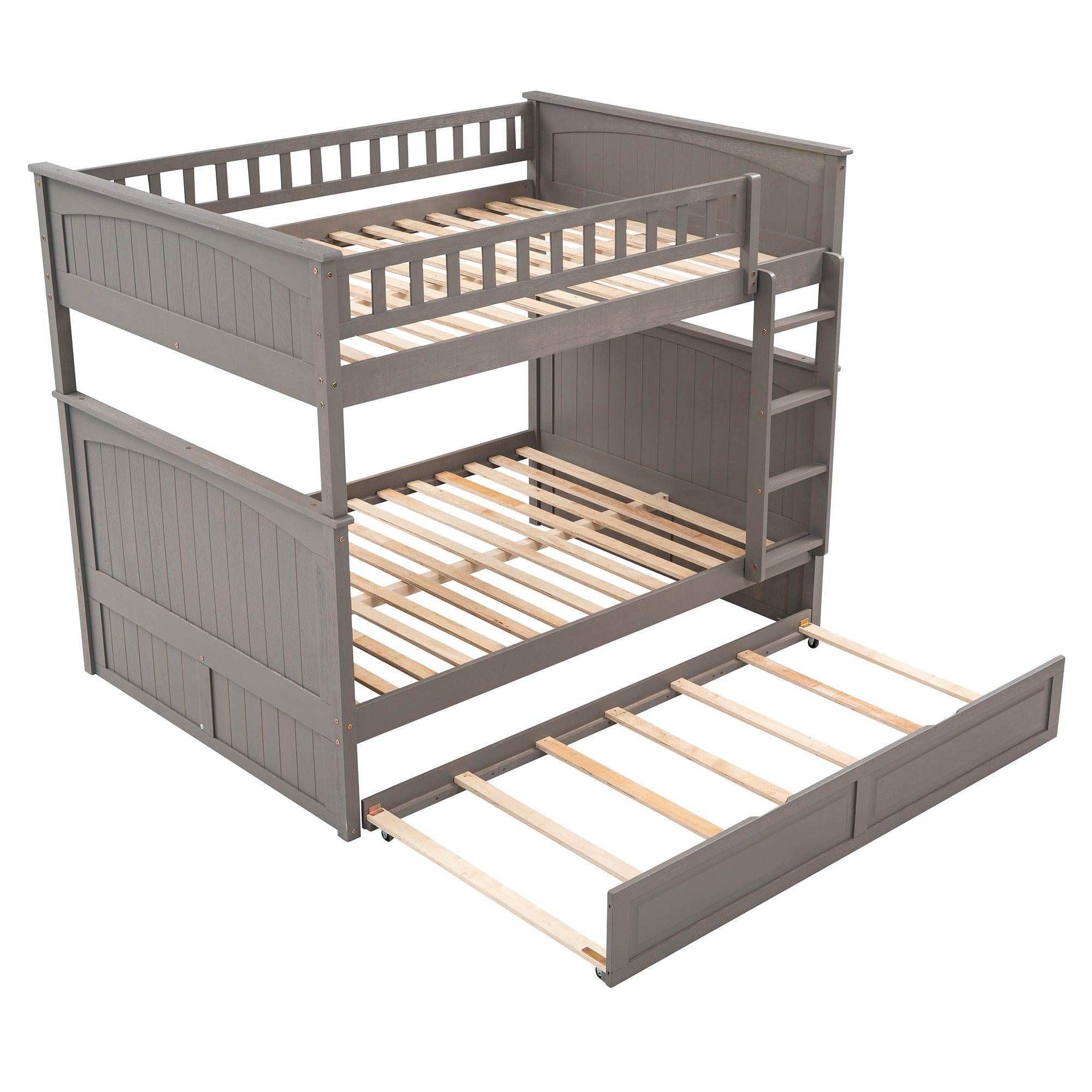 Full over Full Bunk Bed with Twin Size Trundle and Guardrails - Brushed Gray