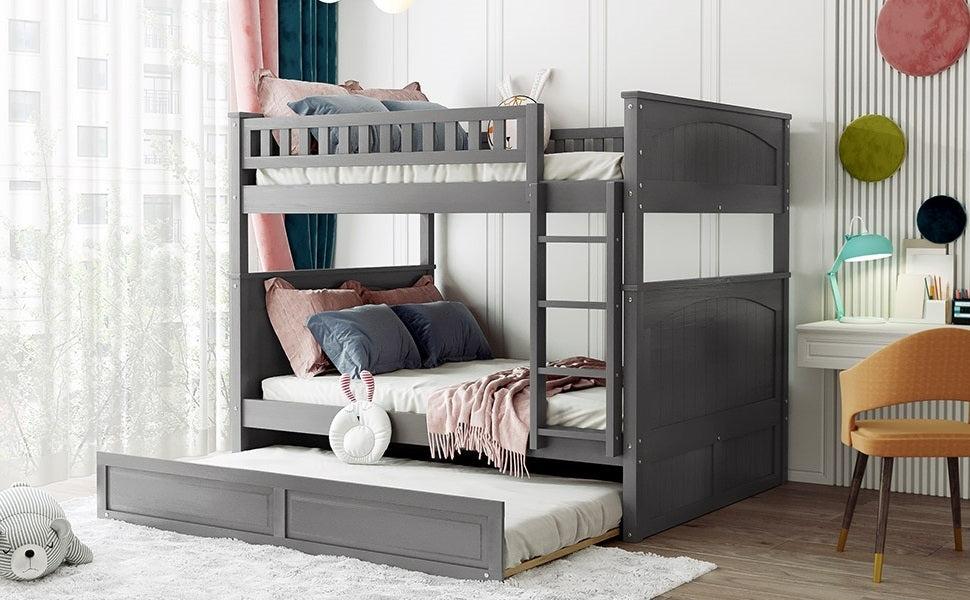 Full over Full Bunk Bed with Twin Size Trundle and Guardrails - Brushed Gray