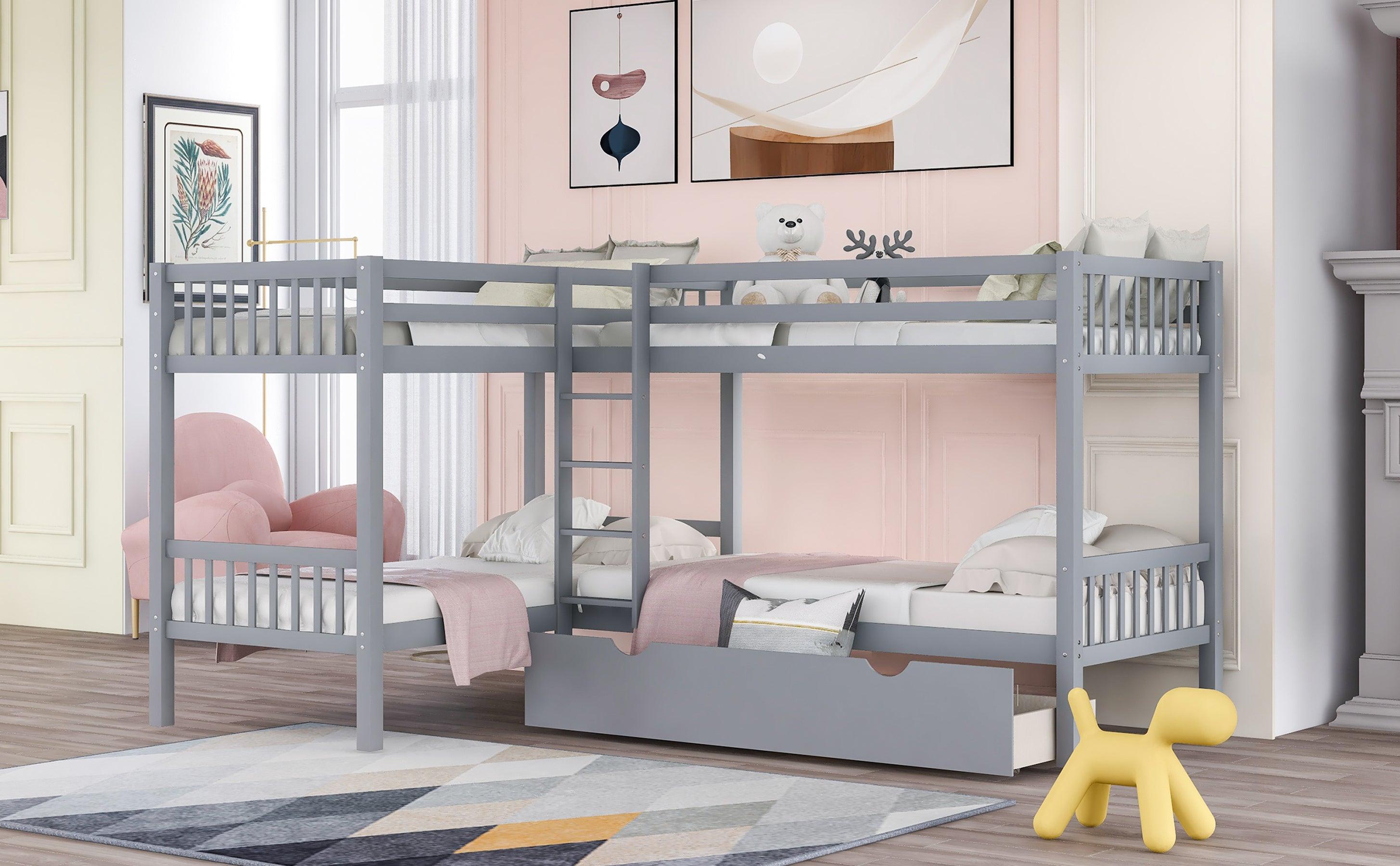 Twin over Twin L-Shaped Bunk Bed with Drawers - Gray