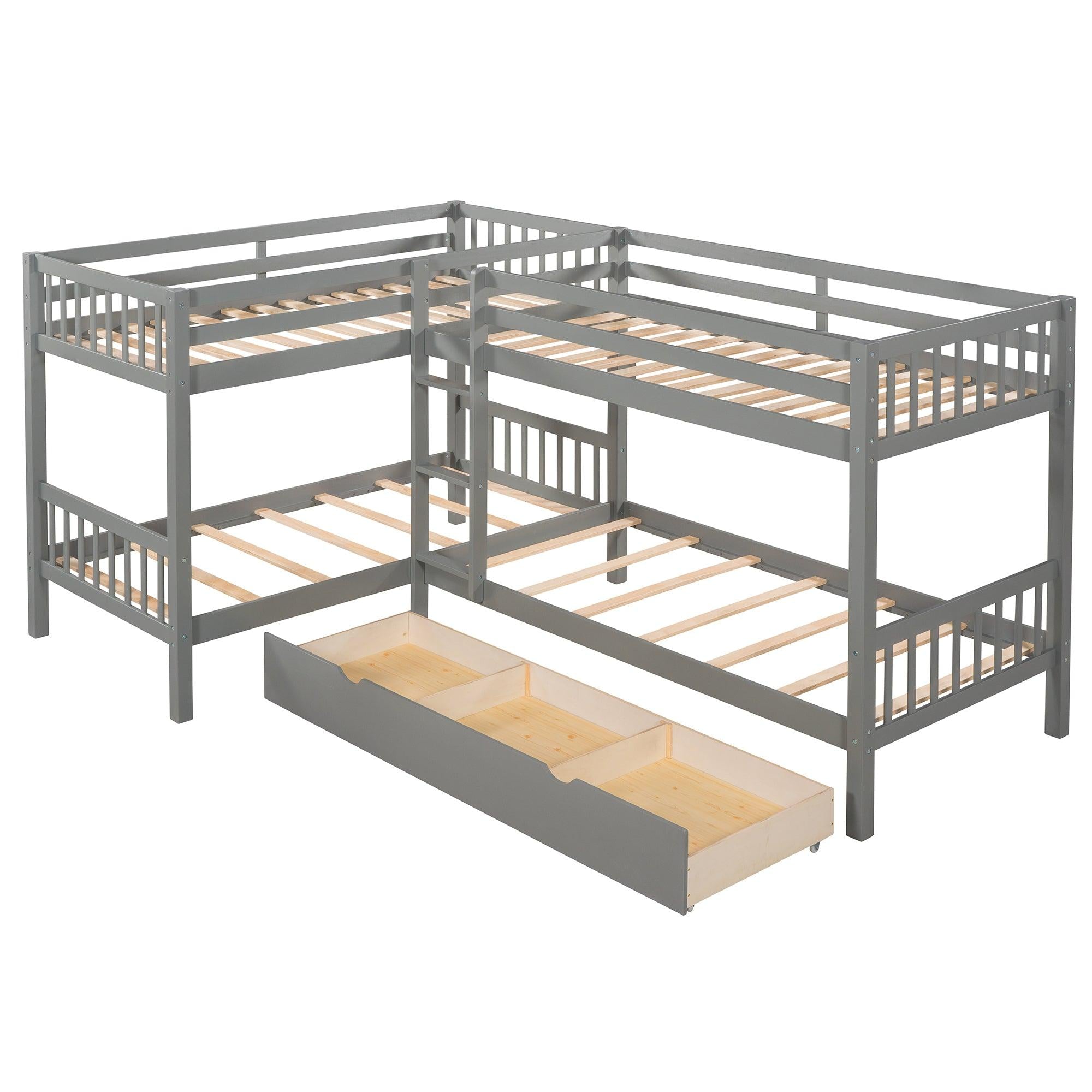 Twin over Twin L-Shaped Bunk Bed with Drawers - Gray