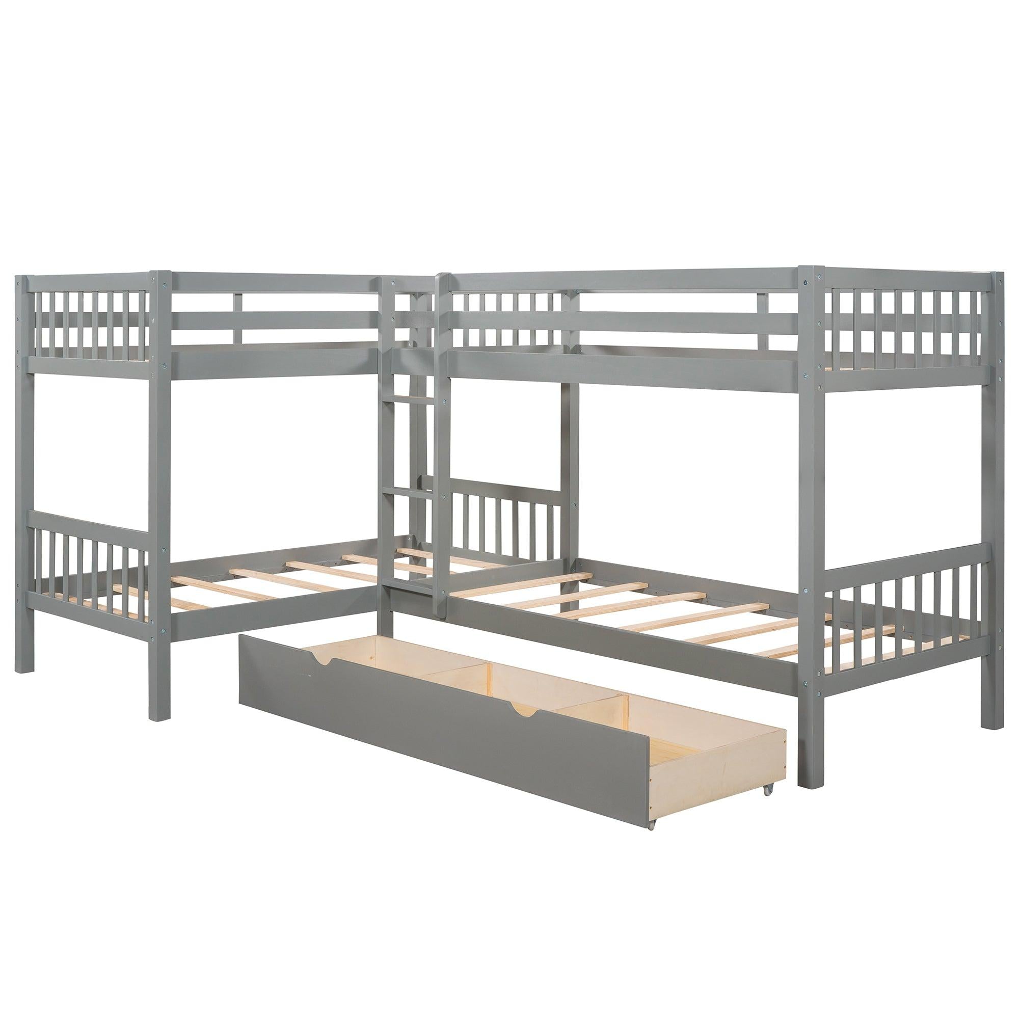 Twin over Twin L-Shaped Bunk Bed with Drawers - Gray